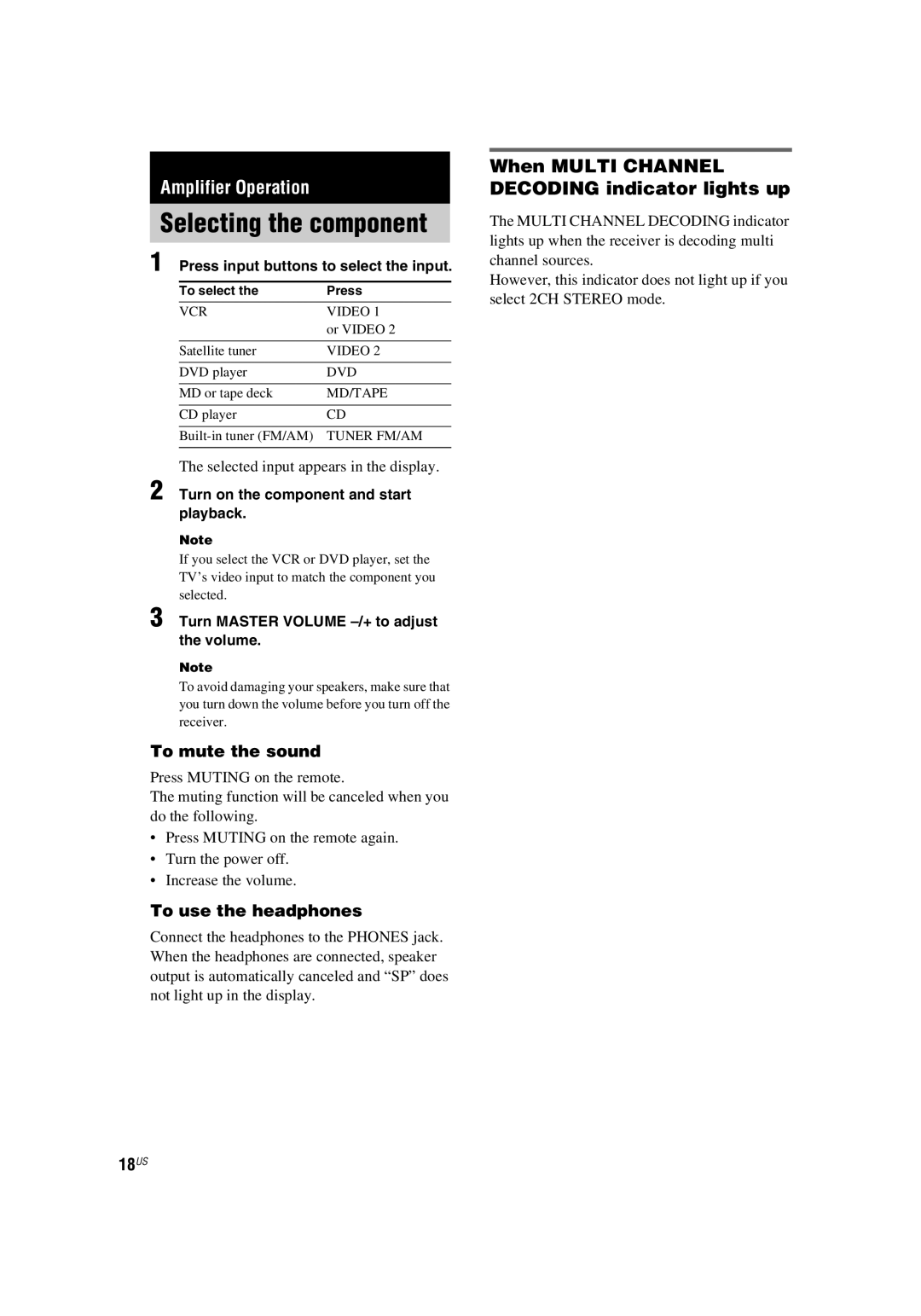 Sony HT-5800DP manual Selecting the component, When Multi Channel Decoding indicator lights up, To mute the sound, 18US 