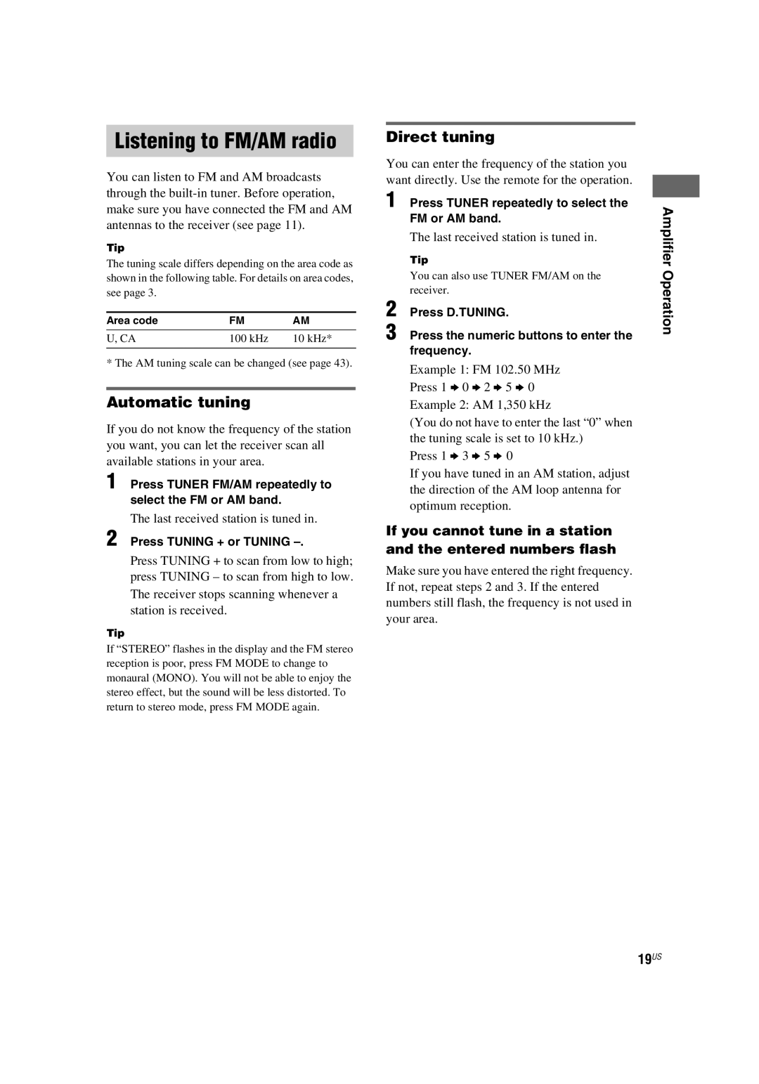 Sony HT-4850DP, HT-5800DP Listening to FM/AM radio, Automatic tuning, Amplifier Operation 19US, Press Tuning + or Tuning 