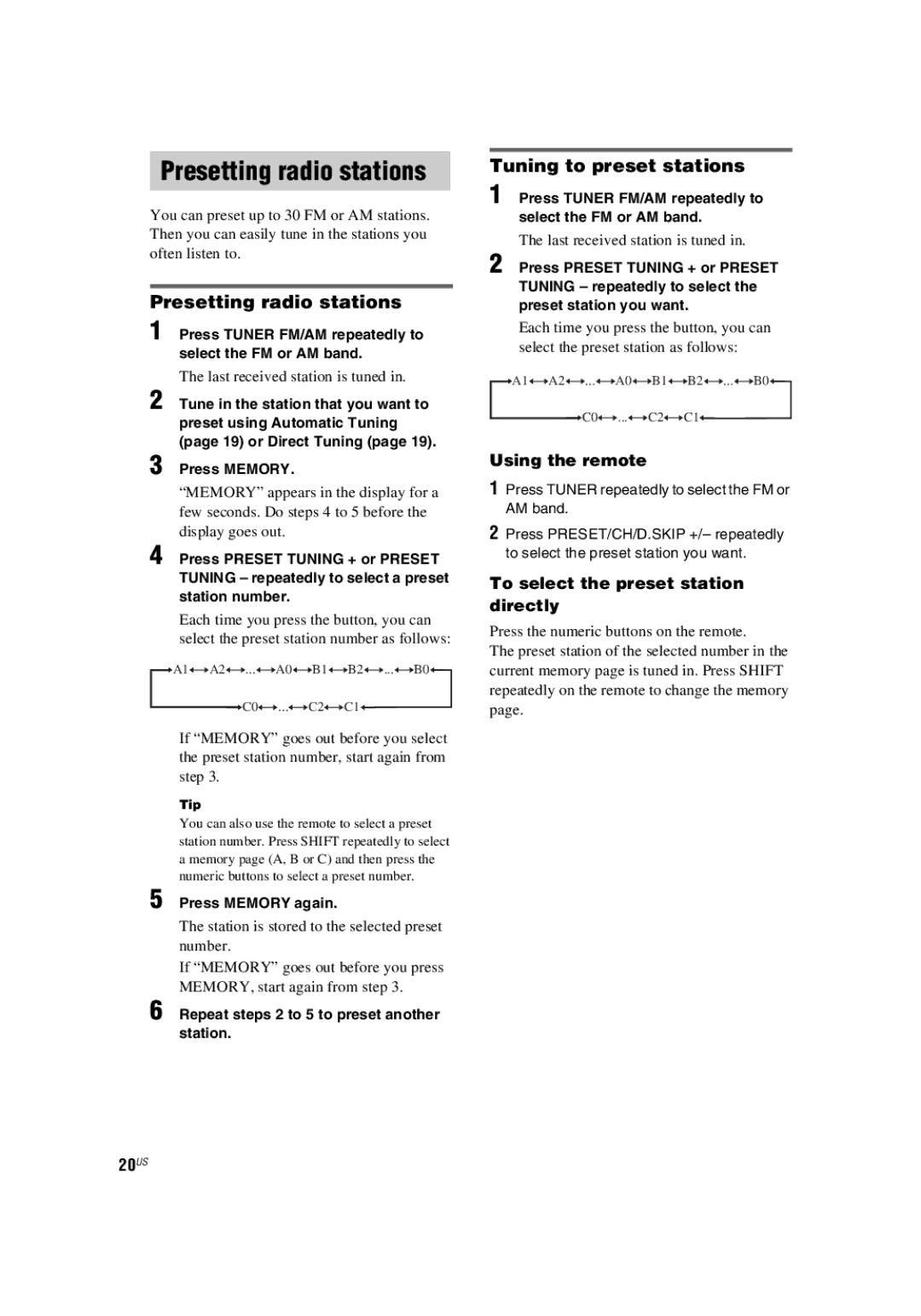 Sony HT-5800DP, HT-4850DP manual Presetting radio stations, Tuning to preset stations 