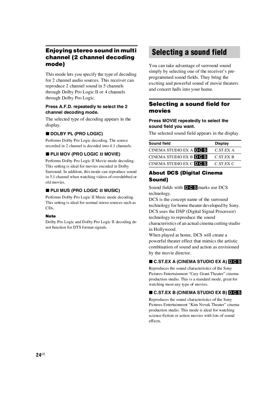 Sony HT-5800DP, HT-4850DP manual Selecting a sound field for movies, About DCS Digital Cinema Sound, 24US 