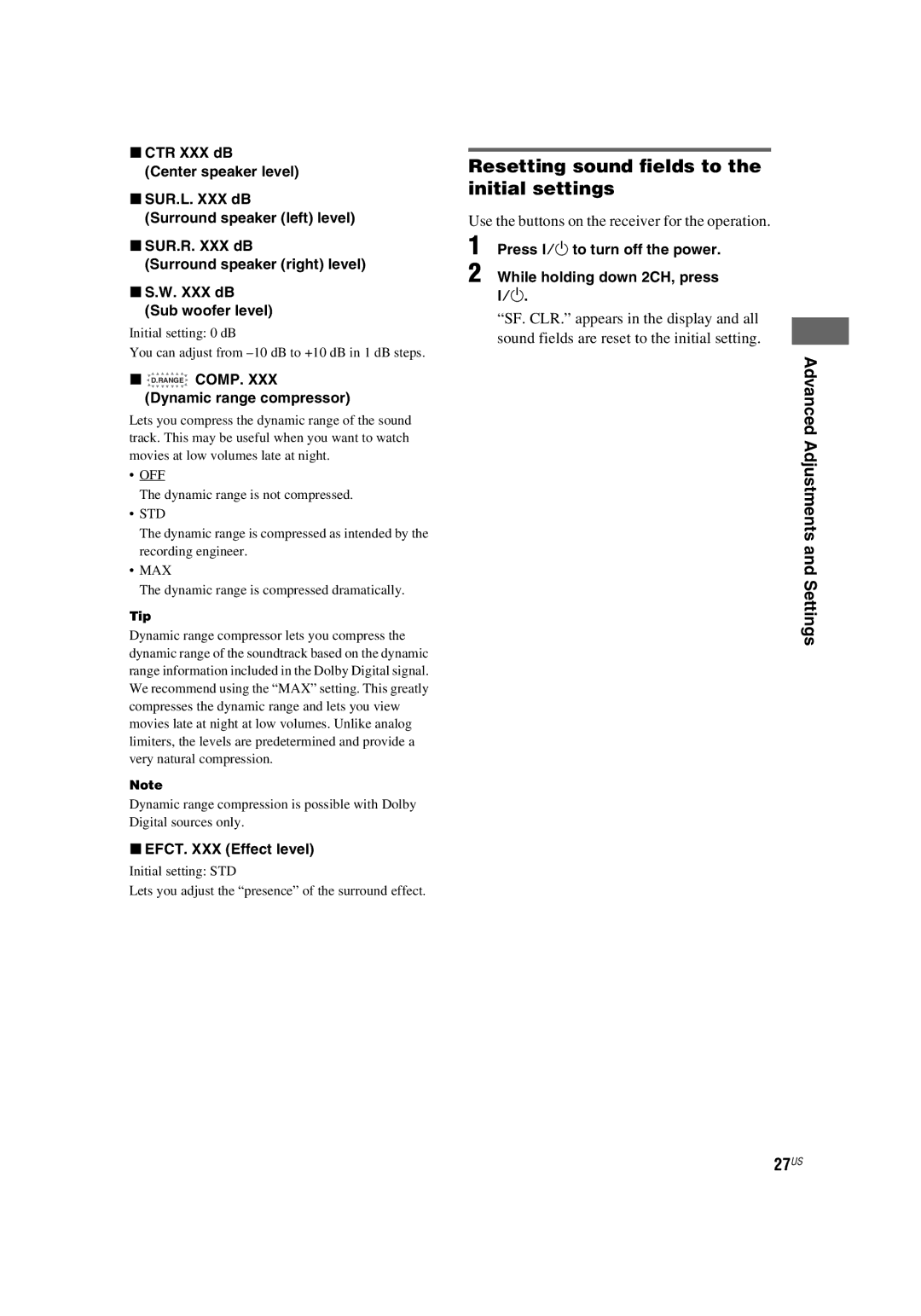 Sony HT-4850DP, HT-5800DP manual Resetting sound fields to the initial settings, Advanced Adjustments and Settings 27US 