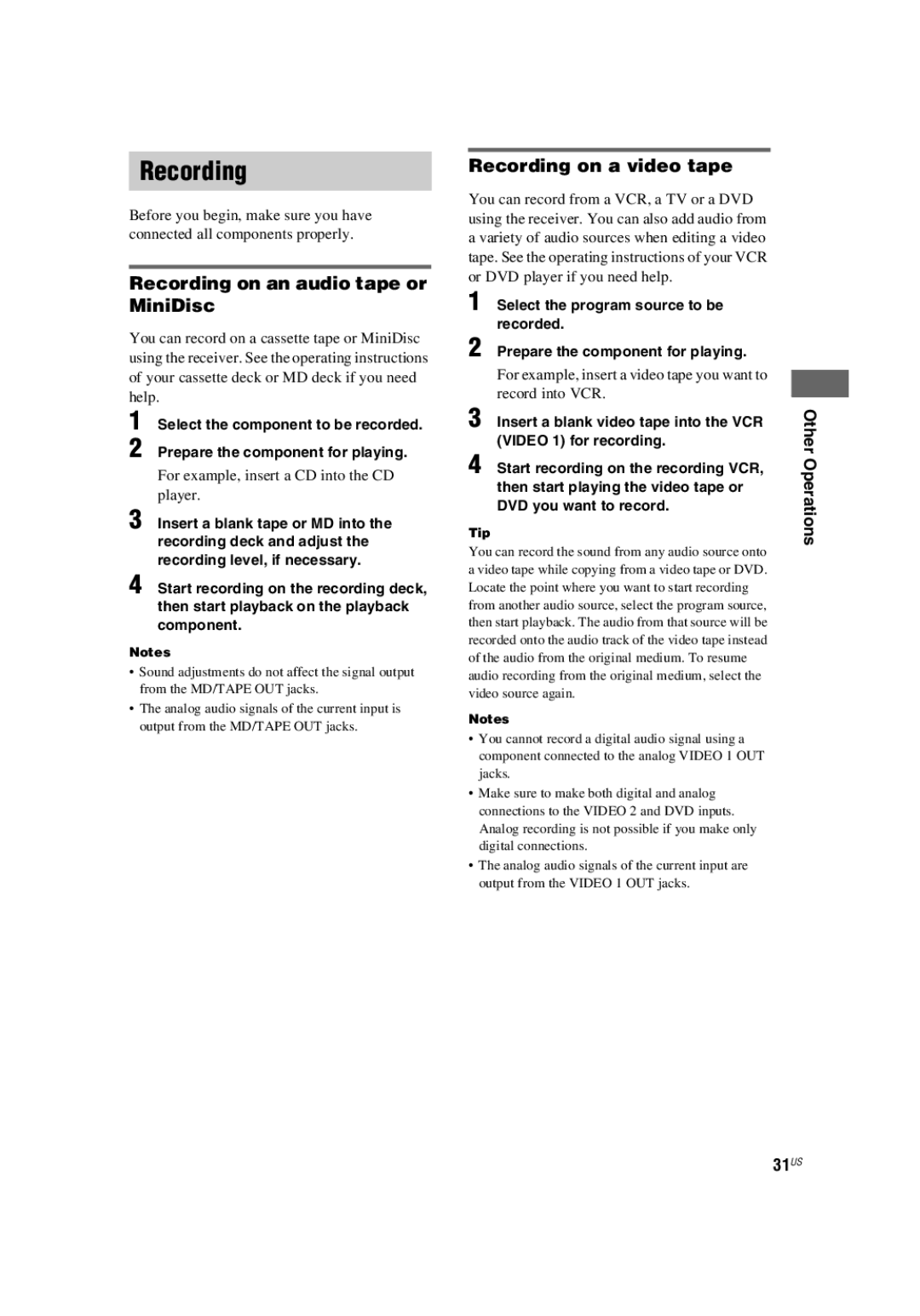 Sony HT-4850DP, HT-5800DP Recording on an audio tape or MiniDisc, Recording on a video tape, Other Operations 31US 