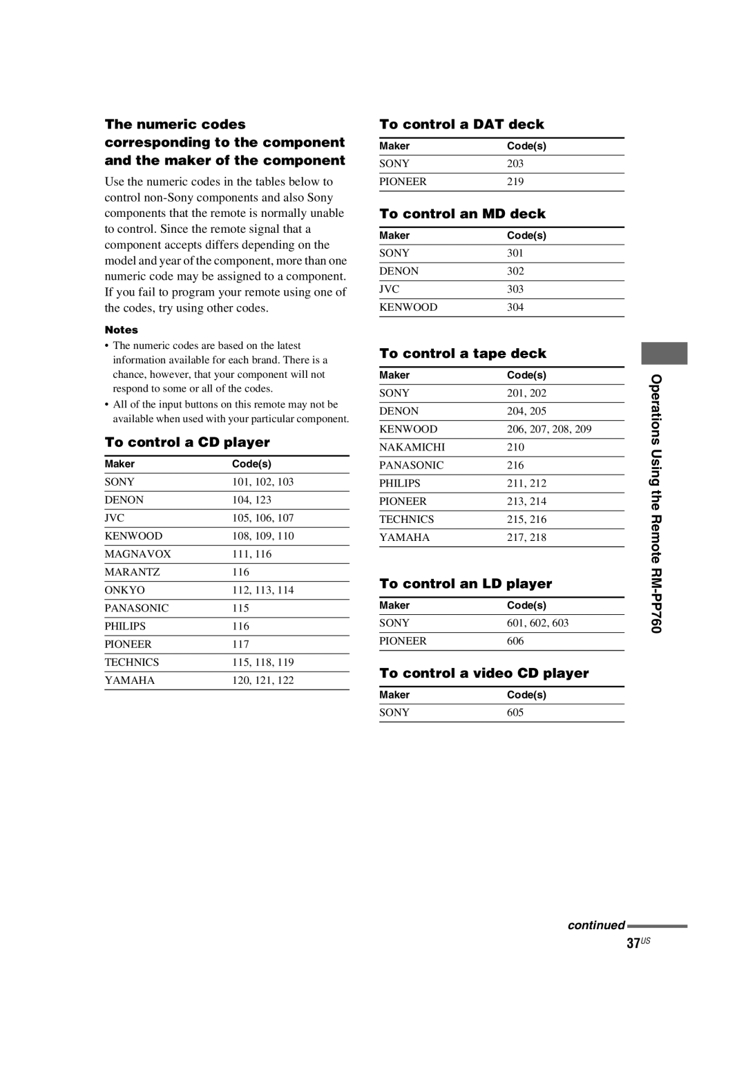 Sony HT-4850DP manual To control a CD player, To control a DAT deck, To control an MD deck, To control a tape deck, 37US 