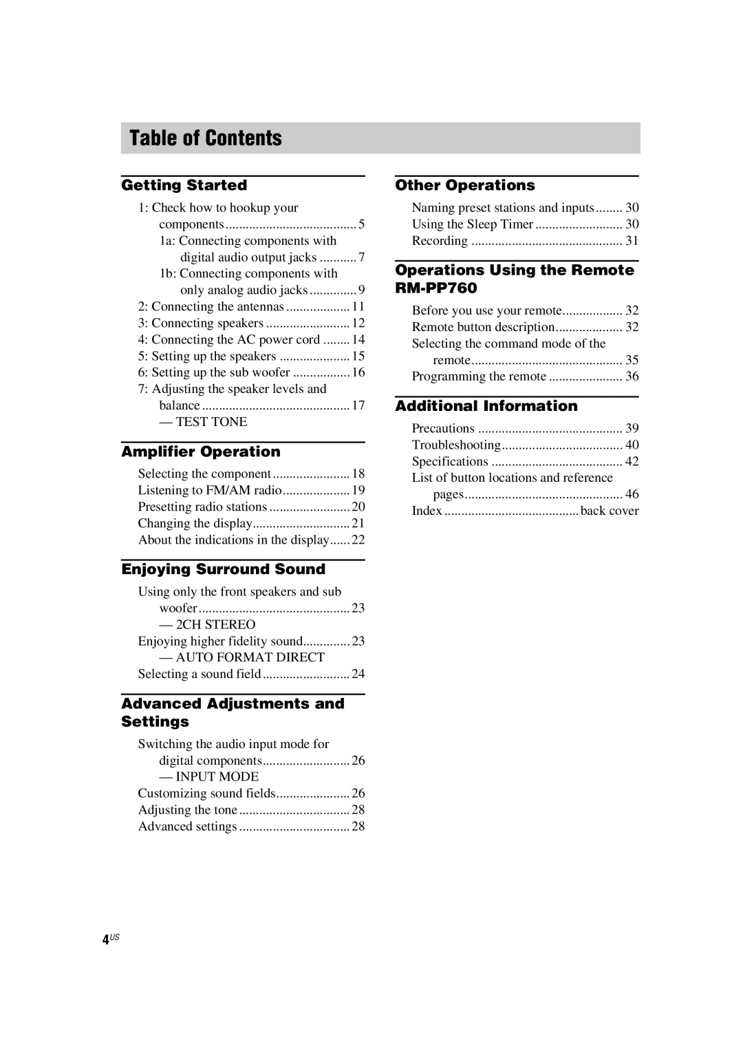 Sony HT-5800DP, HT-4850DP manual Table of Contents 