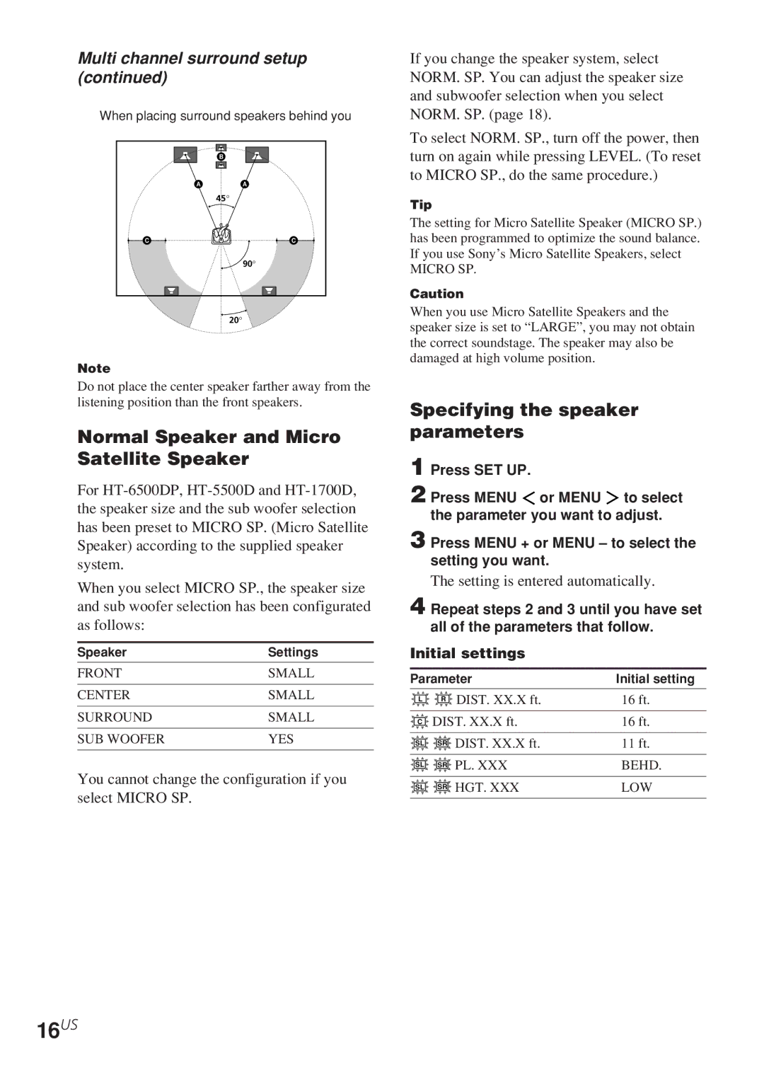 Sony HT-5500D, HT-6500DP, HT-1700D 16US, Normal Speaker and Micro Satellite Speaker, Specifying the speaker parameters 