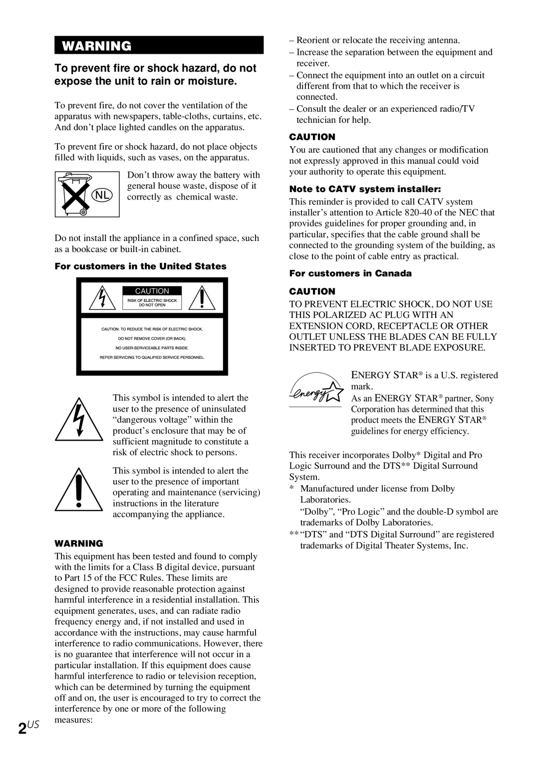 Sony HT-1700D, HT-6500DP, HT-5500D operating instructions 2US 