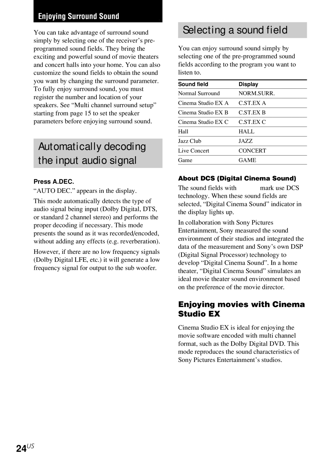 Sony HT-6500DP, HT-5500D, HT-1700D Automatically decoding Input audio signal, Selecting a sound field, 24US 