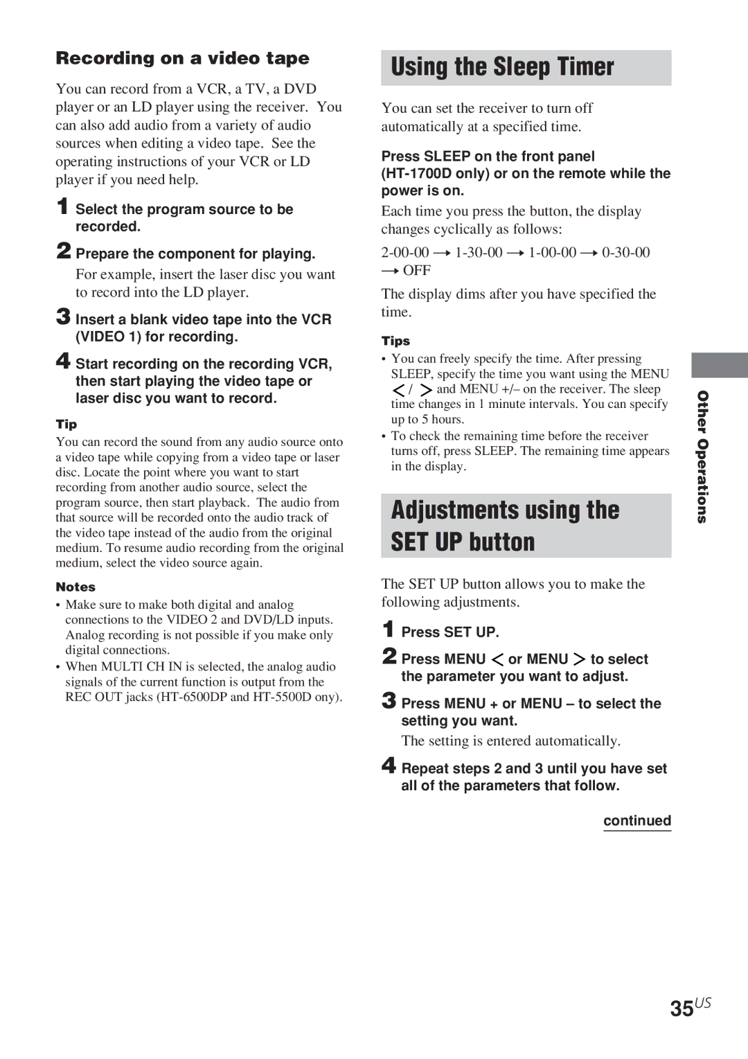 Sony HT-1700D, HT-6500DP, HT-5500D Using the Sleep Timer, Adjustments using SET UP button, 35US, Recording on a video tape 