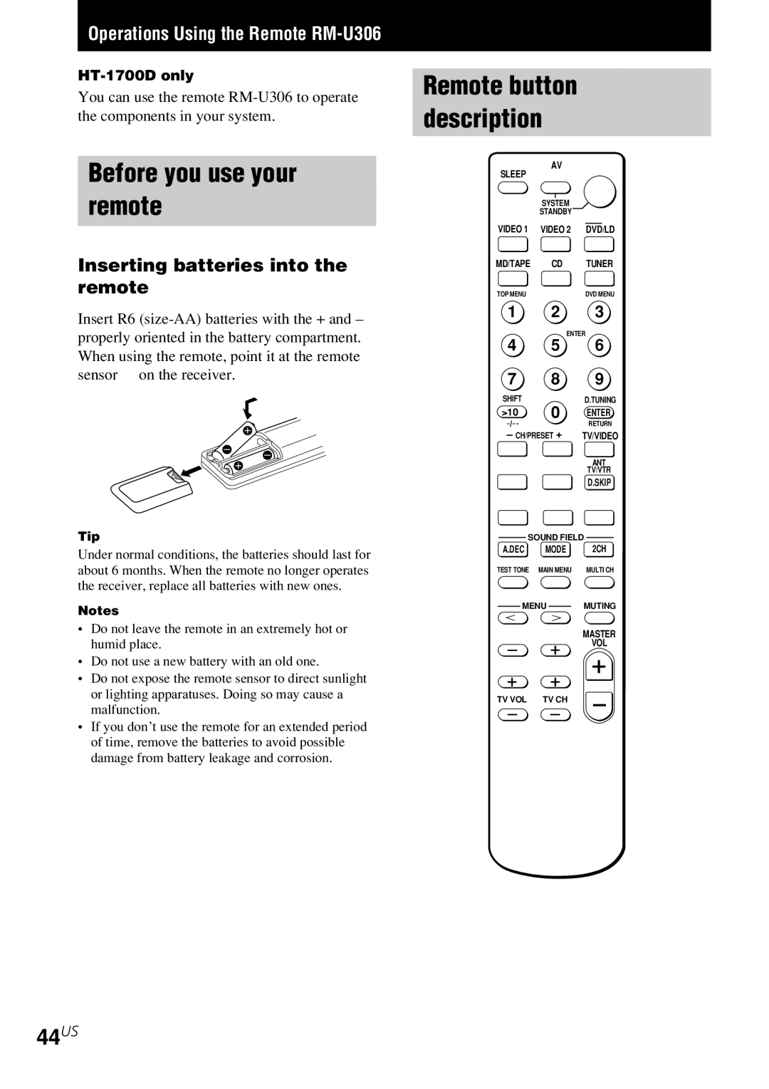 Sony HT-6500DP, HT-5500D Before you use your Remote, Remote button Description, 44US, HT-1700D only 