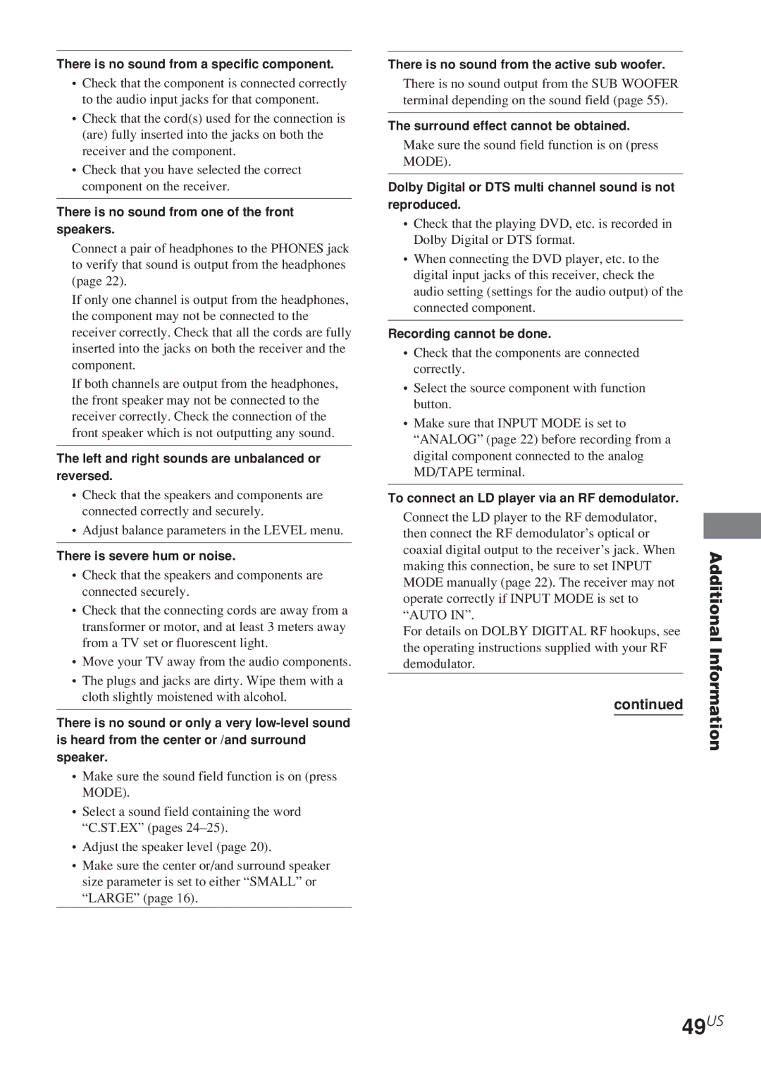 Sony HT-5500D, HT-6500DP, HT-1700D operating instructions 49US 