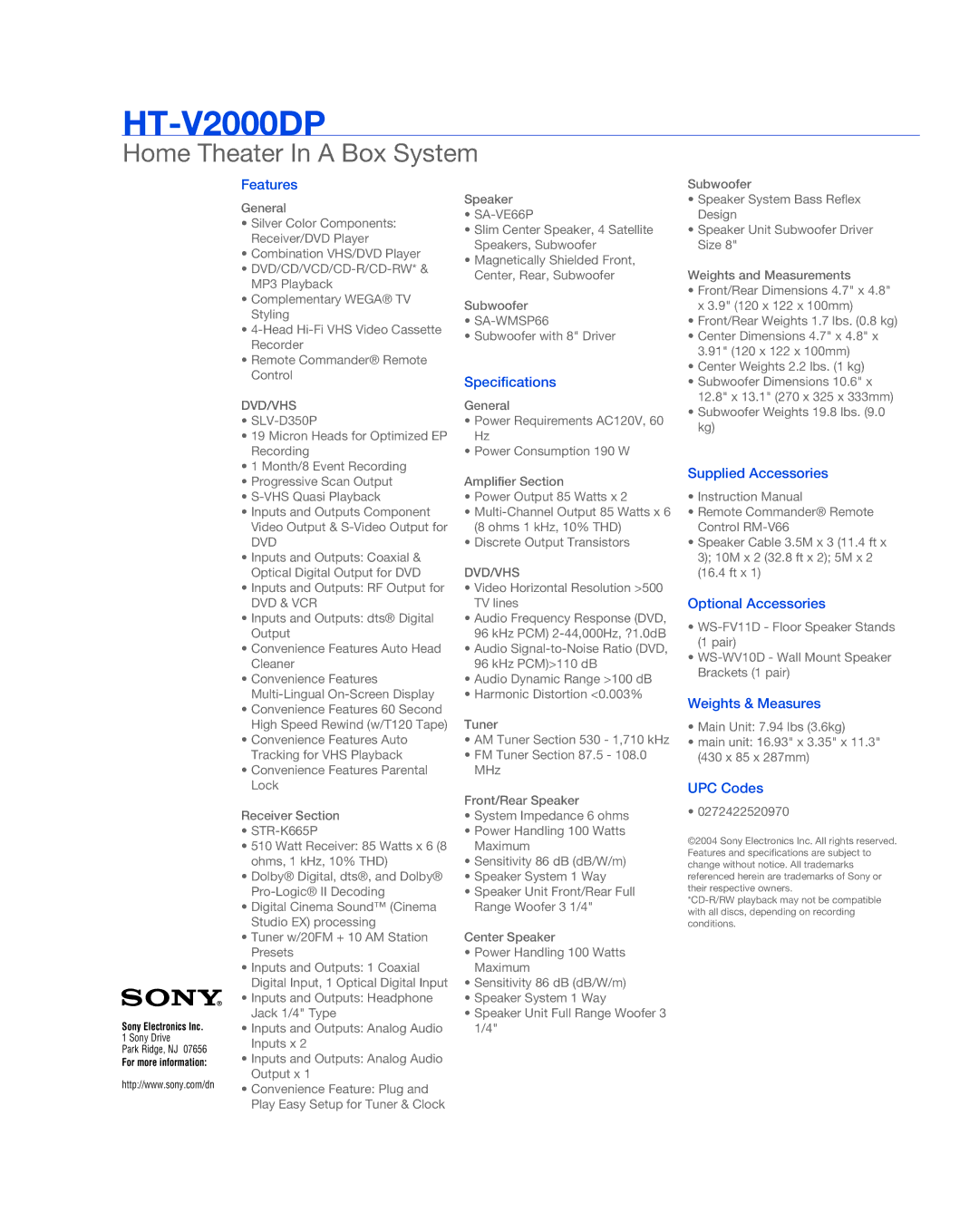 Sony HT-V2000DP manual Features, Specifications, Supplied Accessories, Optional Accessories, Weights & Measures, UPC Codes 