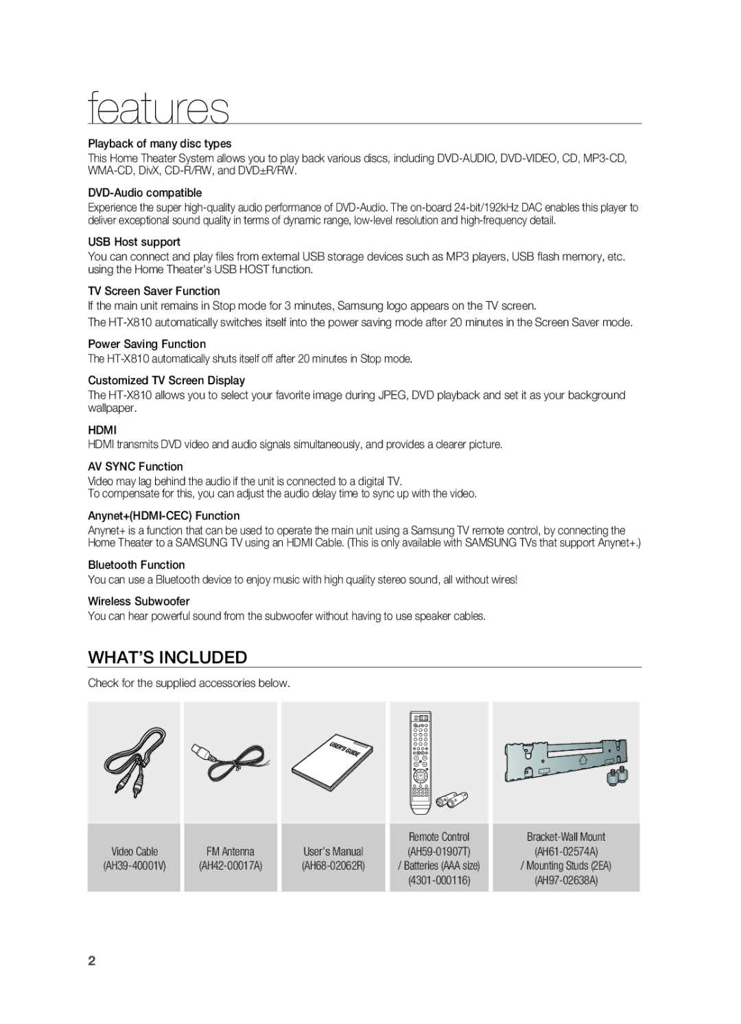 Sony HT-X810 user manual Features, What’s included, Hdmi, Bracket-Wall Mount AH61-02574A 