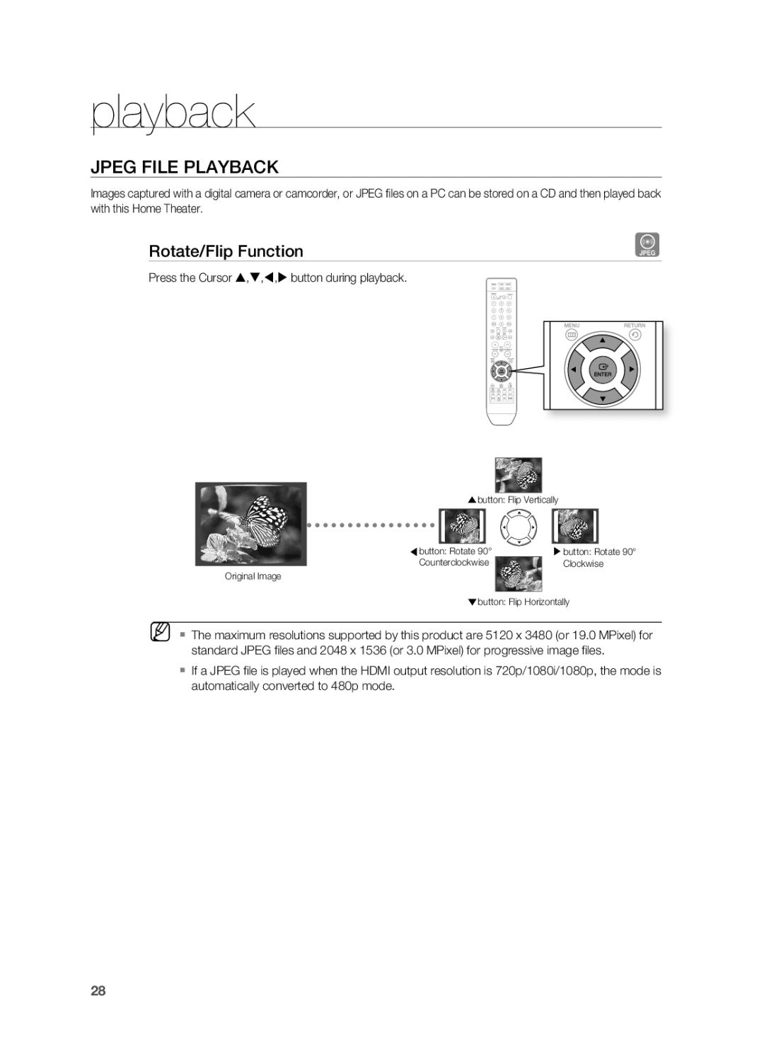 Sony HT-X810 user manual Jpeg FIlE PlAYBACK, Rotate/Flip Function, Press the Cursor ,,, button during playback 