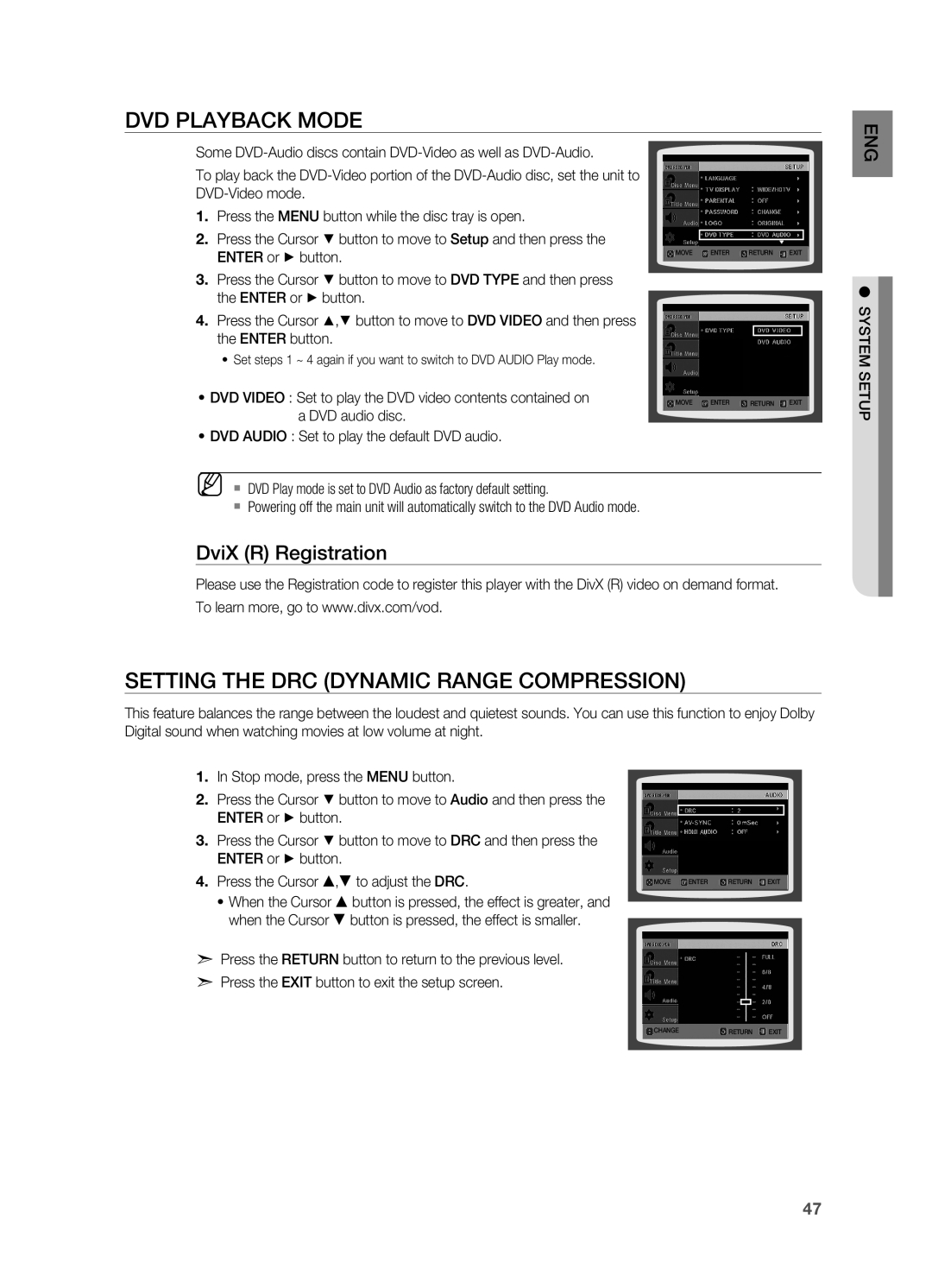 Sony HT-X810 user manual DVD Playback Mode, Setting the DRC Dynamic Range Compression, DviX R Registration, Enter button 