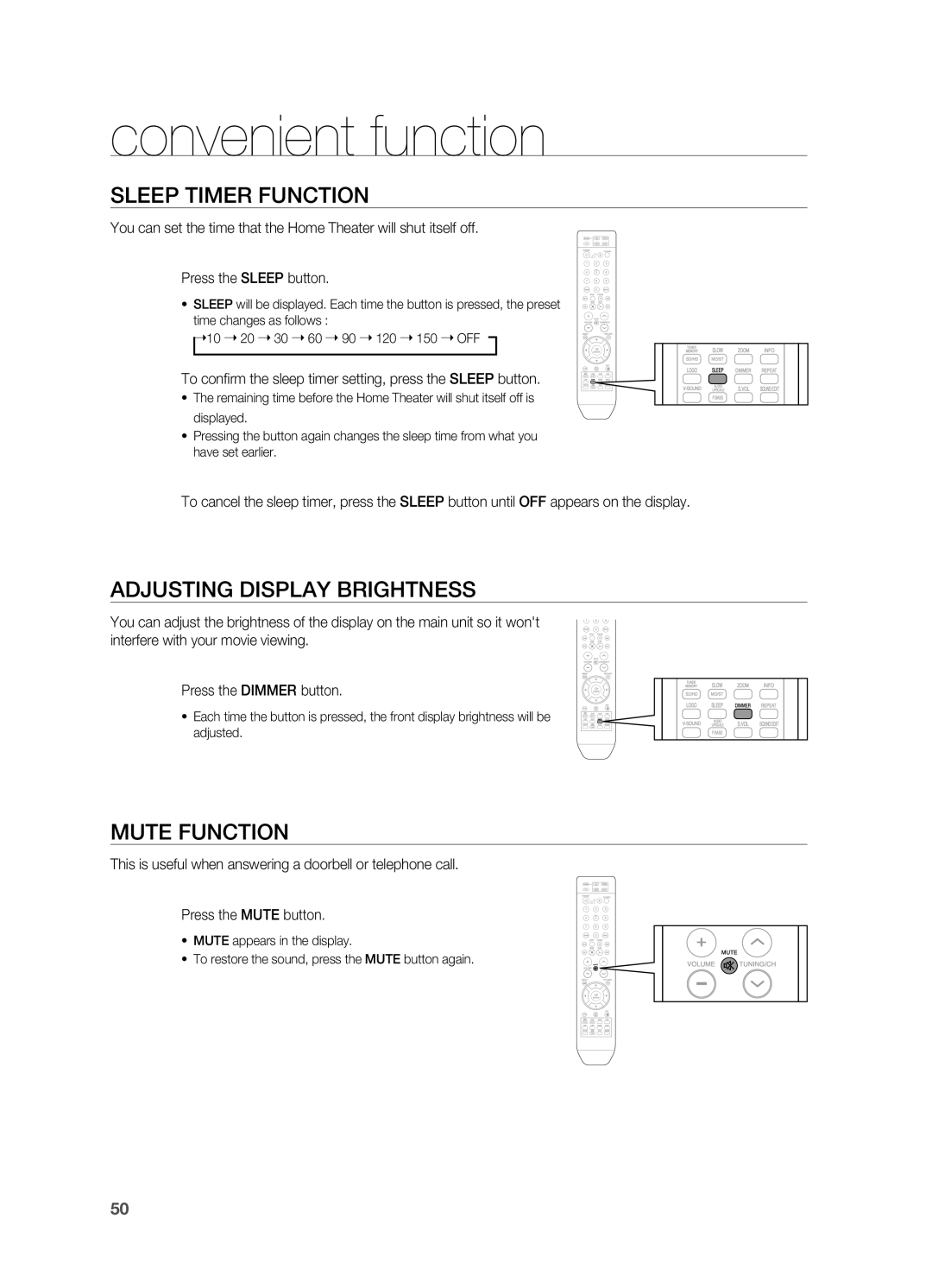 Sony HT-X810 user manual Convenient function, SlEEP TIMEr Function, Adjusting DISPlAY BrIGHTNESS 