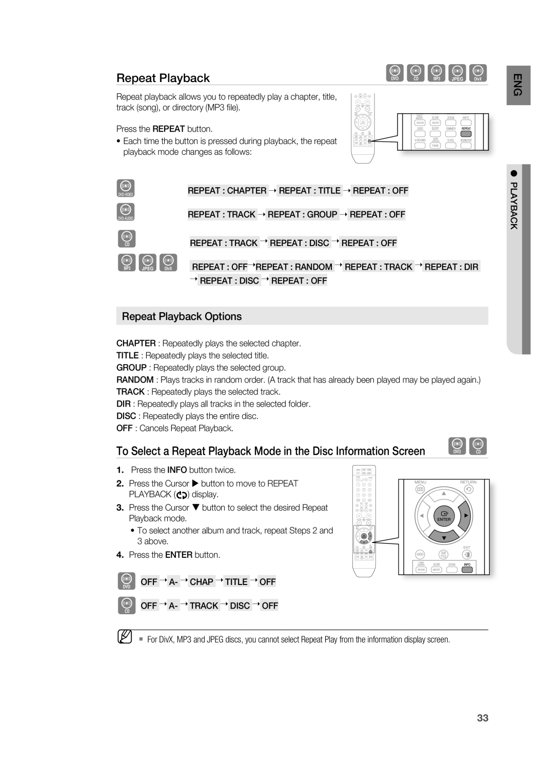Sony HT-X810 user manual To Select a repeat Playback Mode in the Disc Information Screen, repeat Playback Options, Bagd 