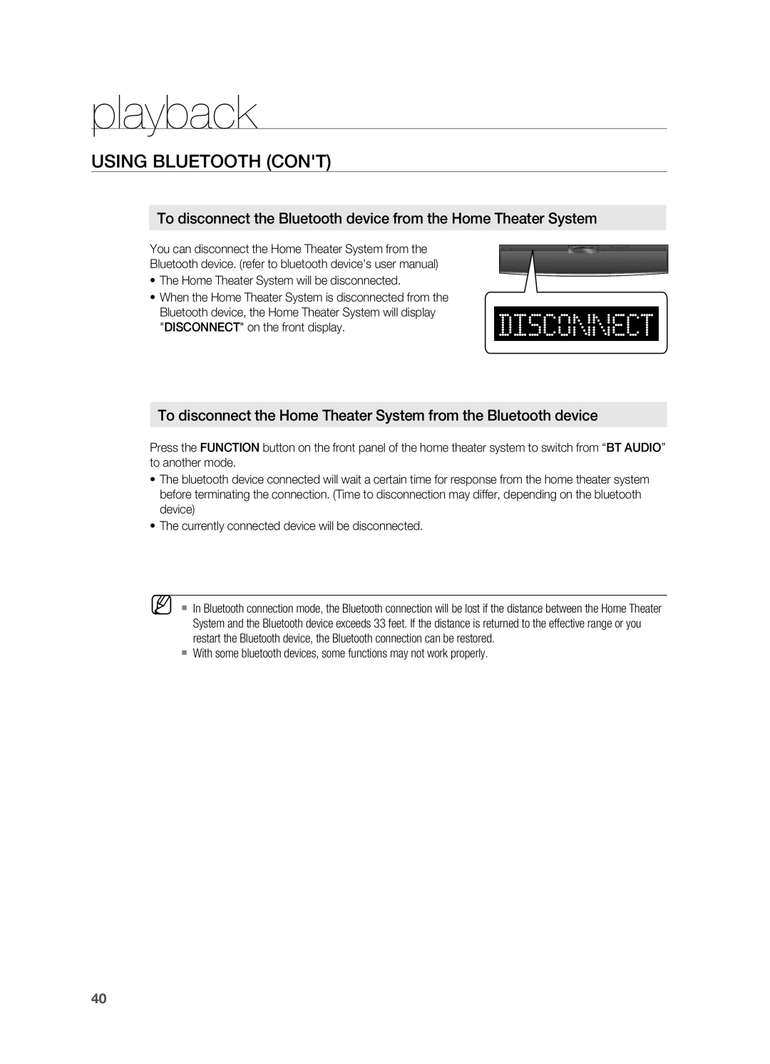 Sony HT-X810 user manual USING BLUETOOTH cont, To disconnect the Bluetooth device from the Home Theater System, playback 