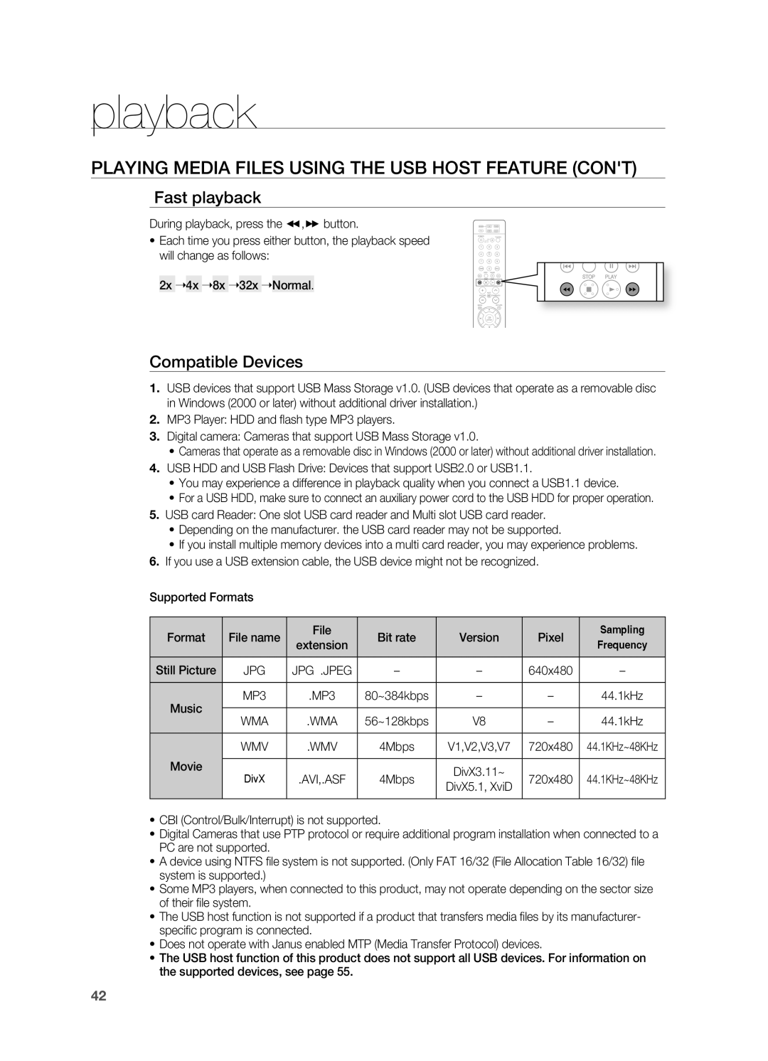 Sony HT-X810 user manual PlAYING MEDIA FIlES USING THE USB HOST FEATUrE CONT, Fast playback, Compatible Devices 