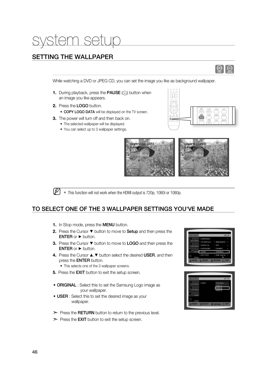 Sony HT-X810 user manual SETTING THE WAllPAPEr, TO SElECT ONE OF THE 3 WAllPAPEr SETTINGS YOUVE MADE, system setup 