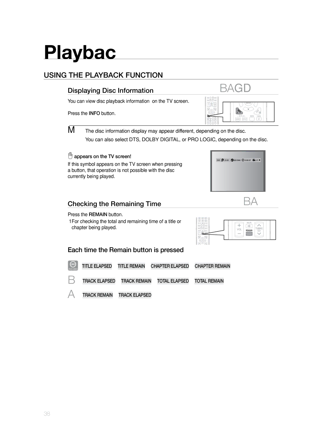 Sony HT-TZ425, HT-Z420, HT-Z320 Using the Playback Function, Displaying Disc Information, Checking the Remaining Time 