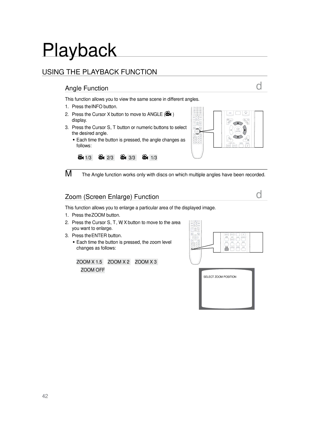 Sony HT-Z420, HT-Z320, HT-TZ425 Angle Function, Zoom Screen Enlarge Function, Zoom X 1.5 Zoom X 2 Zoom X 3 Zoom OFF 