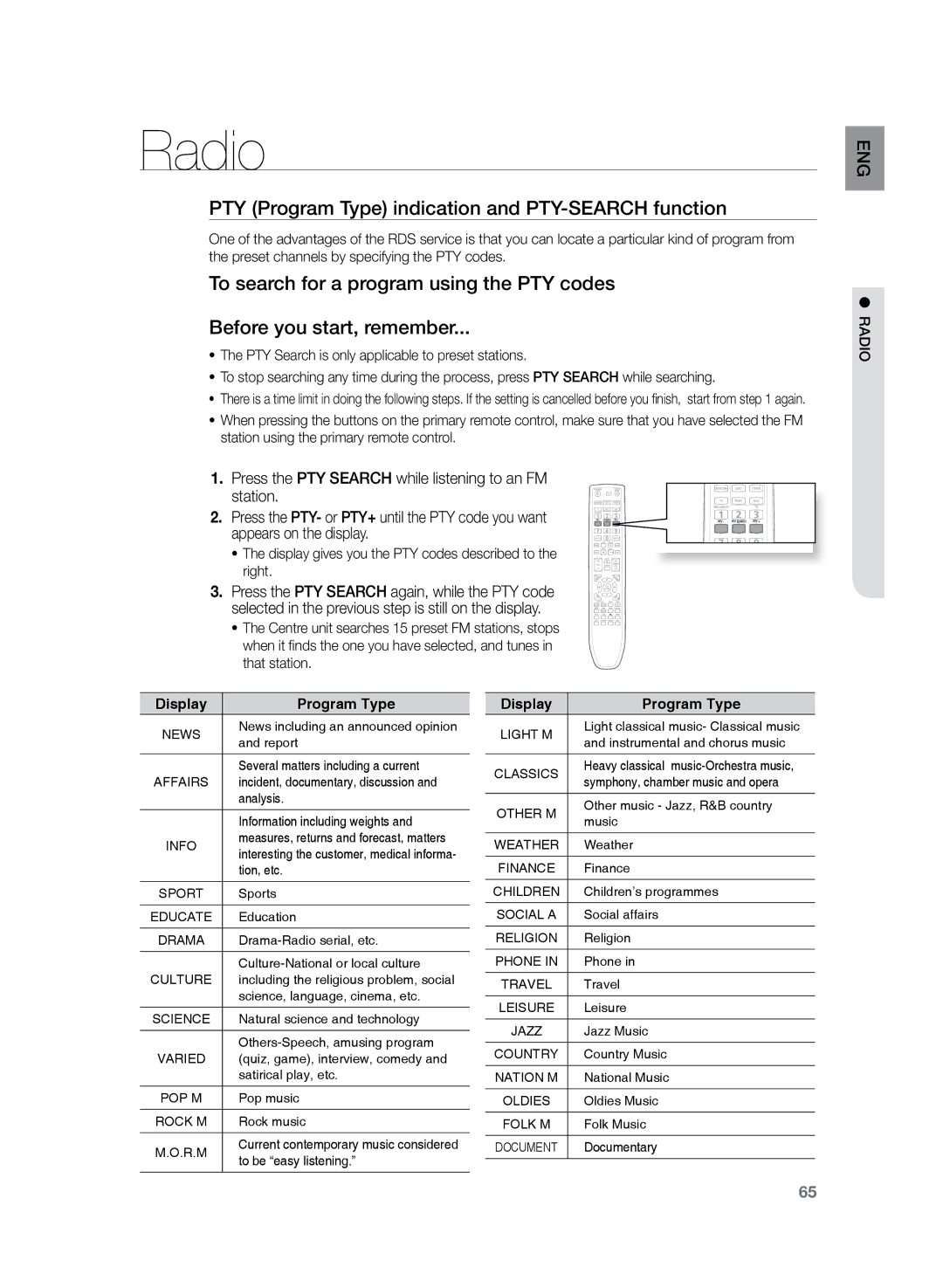 Sony HT-TZ325 PTY Program Type indication and PTY-SEARCH function, Display gives you the PTY codes described to the right 