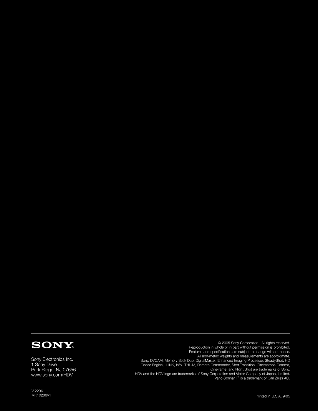 Sony HVR-A1U manual Sony Electronics Inc Sony Drive 