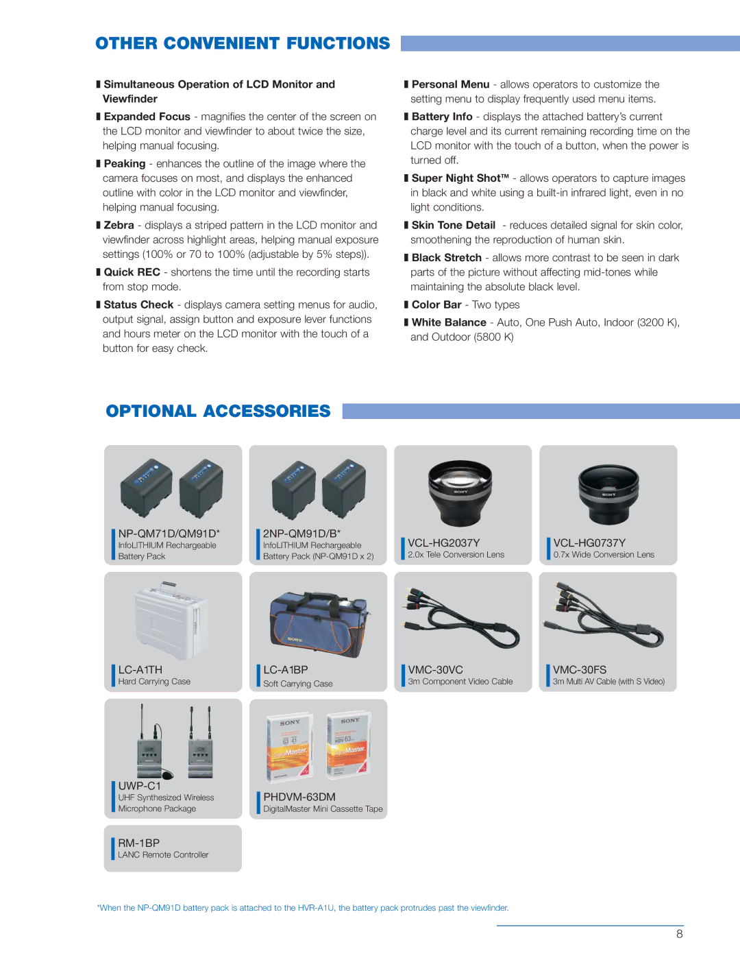 Sony HVR-A1U manual Other Convenient Functions, Optional Accessories 