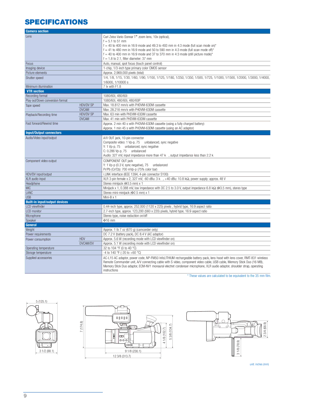 Sony HVR-A1U manual Specifications, Camera section 