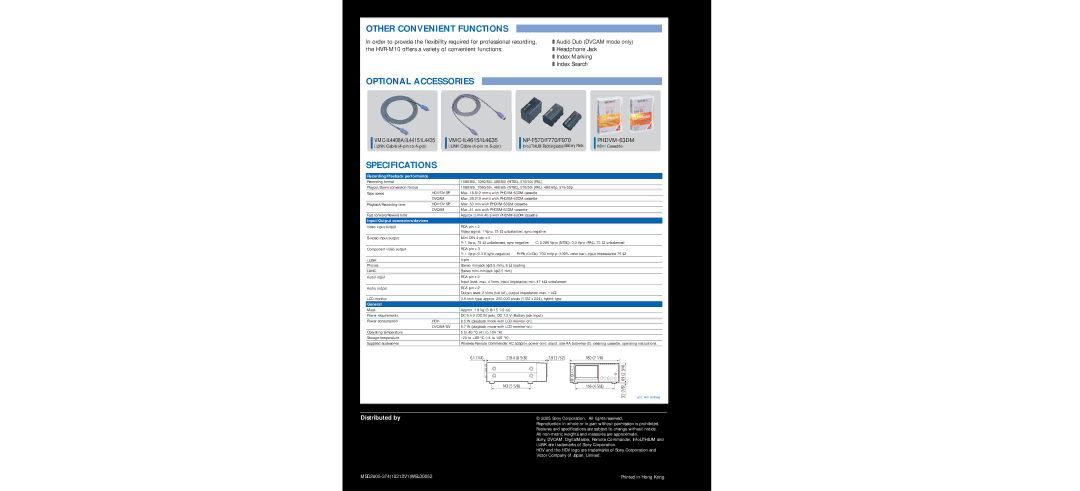 Sony HVR-M10P, HVR-M10N specifications Other Convenient Functions, Optional Accessories, Specifications 