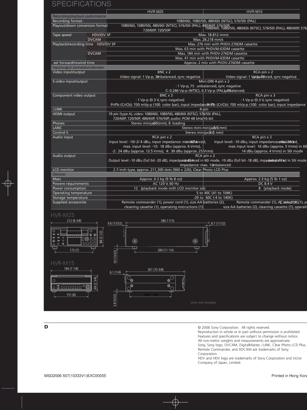 Sony HVR-M15N/M15P, HVR-M25N/M25P manual Specifications 