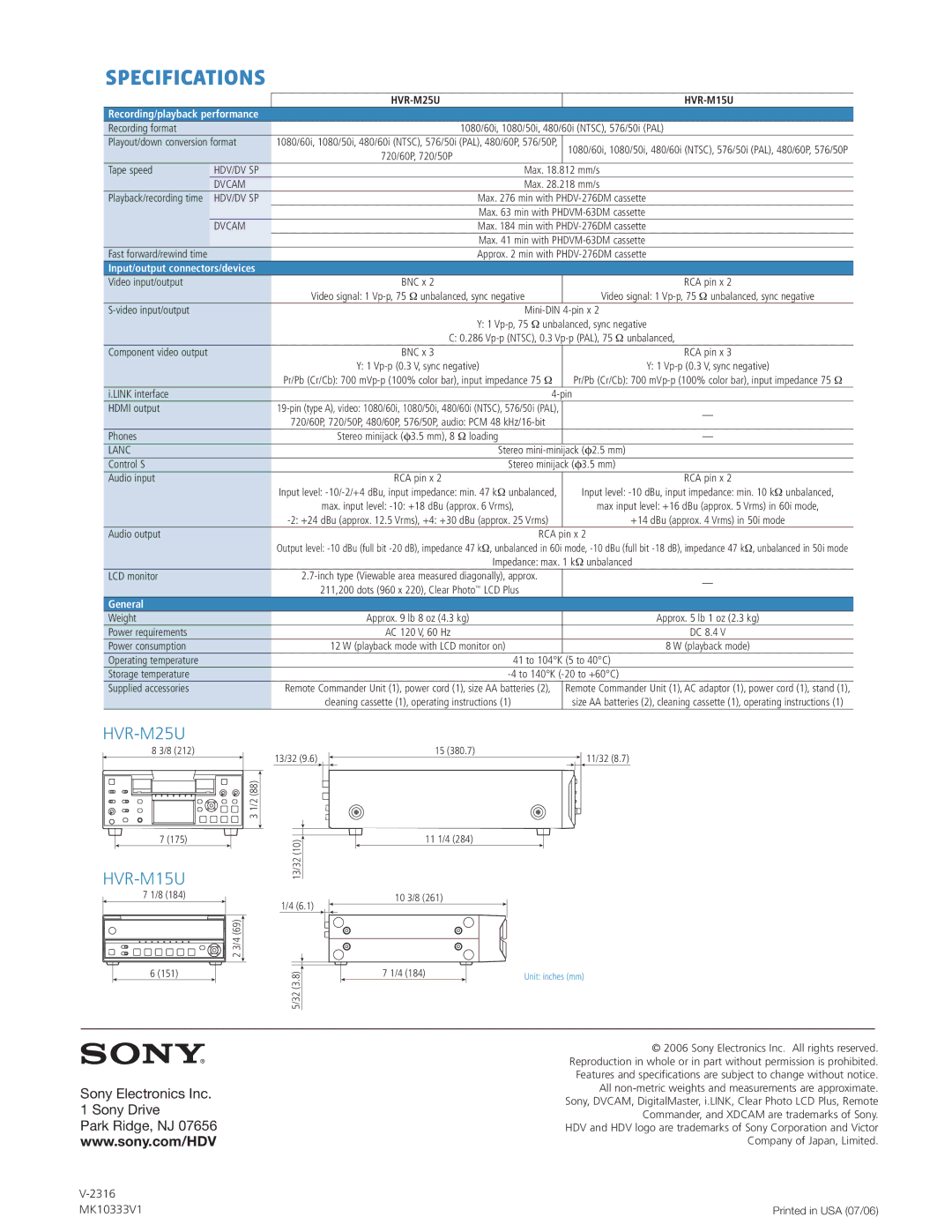 Sony HVR-M25U manual Specifications, Sony Electronics Inc Sony Drive Park Ridge, NJ, Dvcam, Lanc 