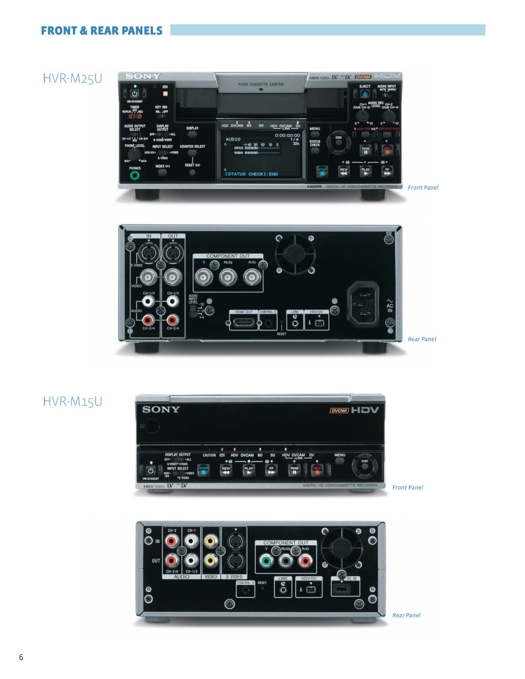 Sony HVR-M25U manual Front & Rear Panels, HVR-M15U, Front Panel Rear Panel 