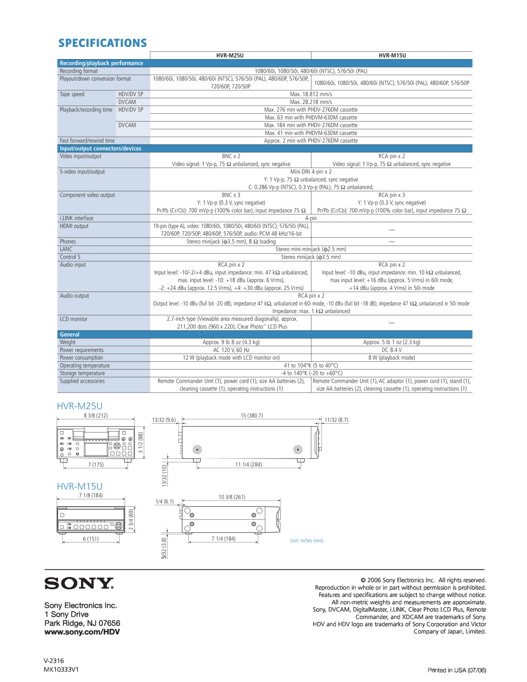 Sony HVR-M25U manual Specifications, HVR-M15U, V-2316, MK10333V1, General 