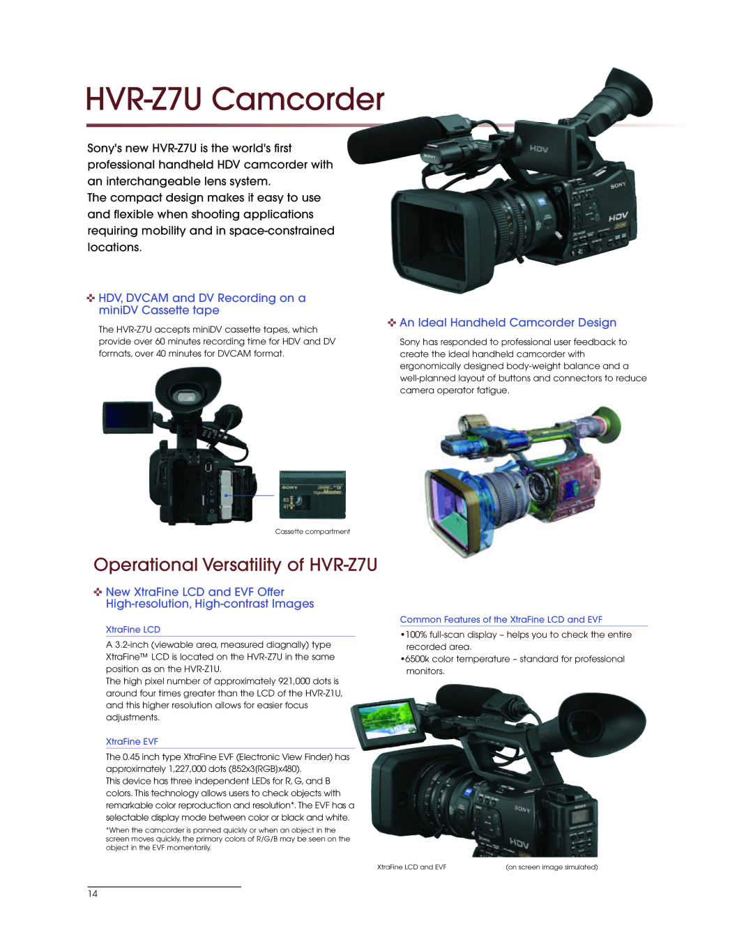 Sony HVR-M35U, HVR-S270U manual Operational Versatility of HVR-Z7U, HDV, Dvcam and DV Recording on a miniDV Cassette tape 