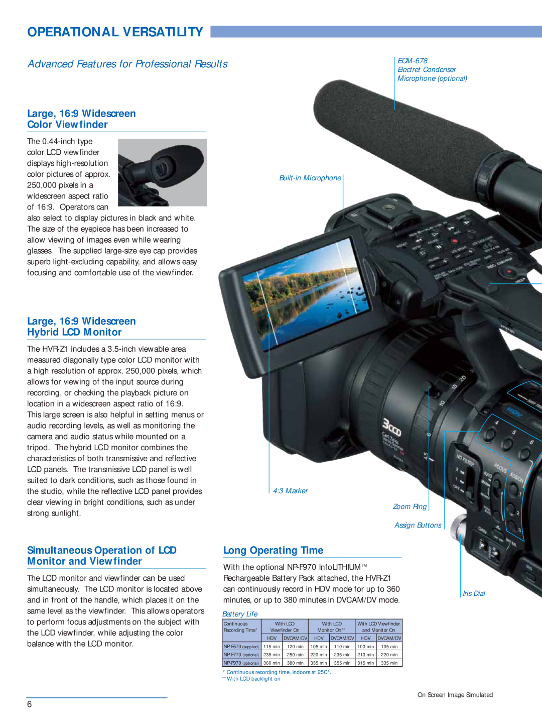 Sony HVR-Z1P manual Large, 169 Widescreen Color Viewfinder, Large, 169 Widescreen Hybrid LCD Monitor, Long Operating Time 