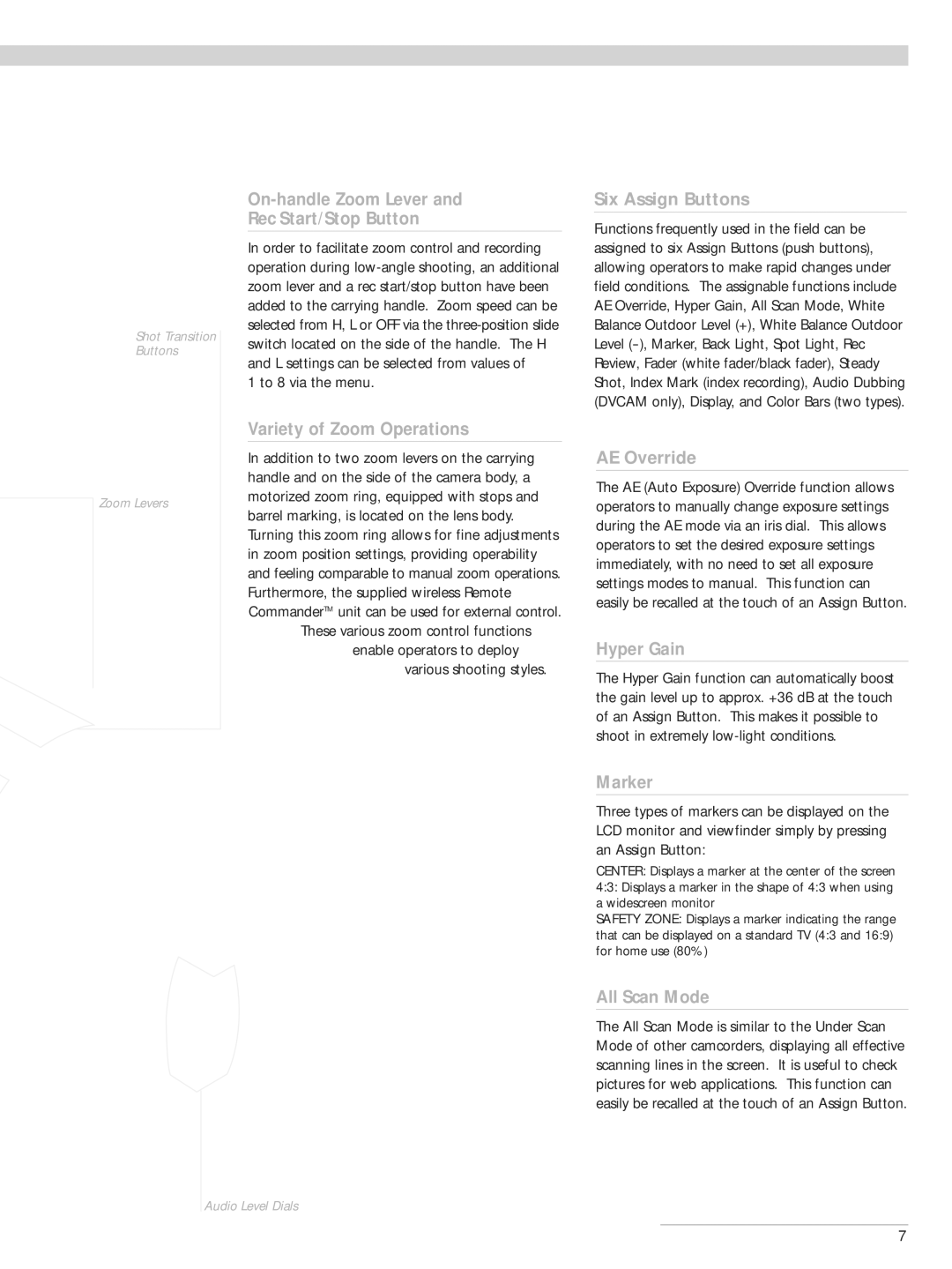 Sony HVR-Z1P manual On-handle Zoom Lever Rec Start/Stop Button, Variety of Zoom Operations, Six Assign Buttons, AE Override 