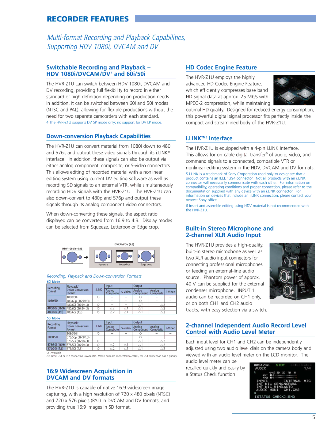 Sony HVR-Z1U manual Recorder Features 