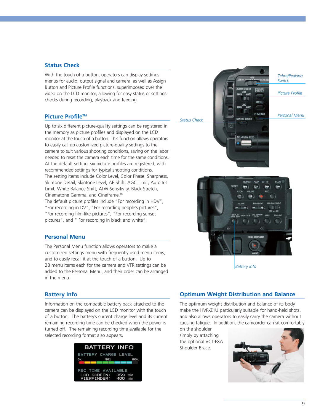 Sony HVR-Z1U manual Status Check, Picture ProfileTM, Personal Menu, Battery Info, Optimum Weight Distribution and Balance 