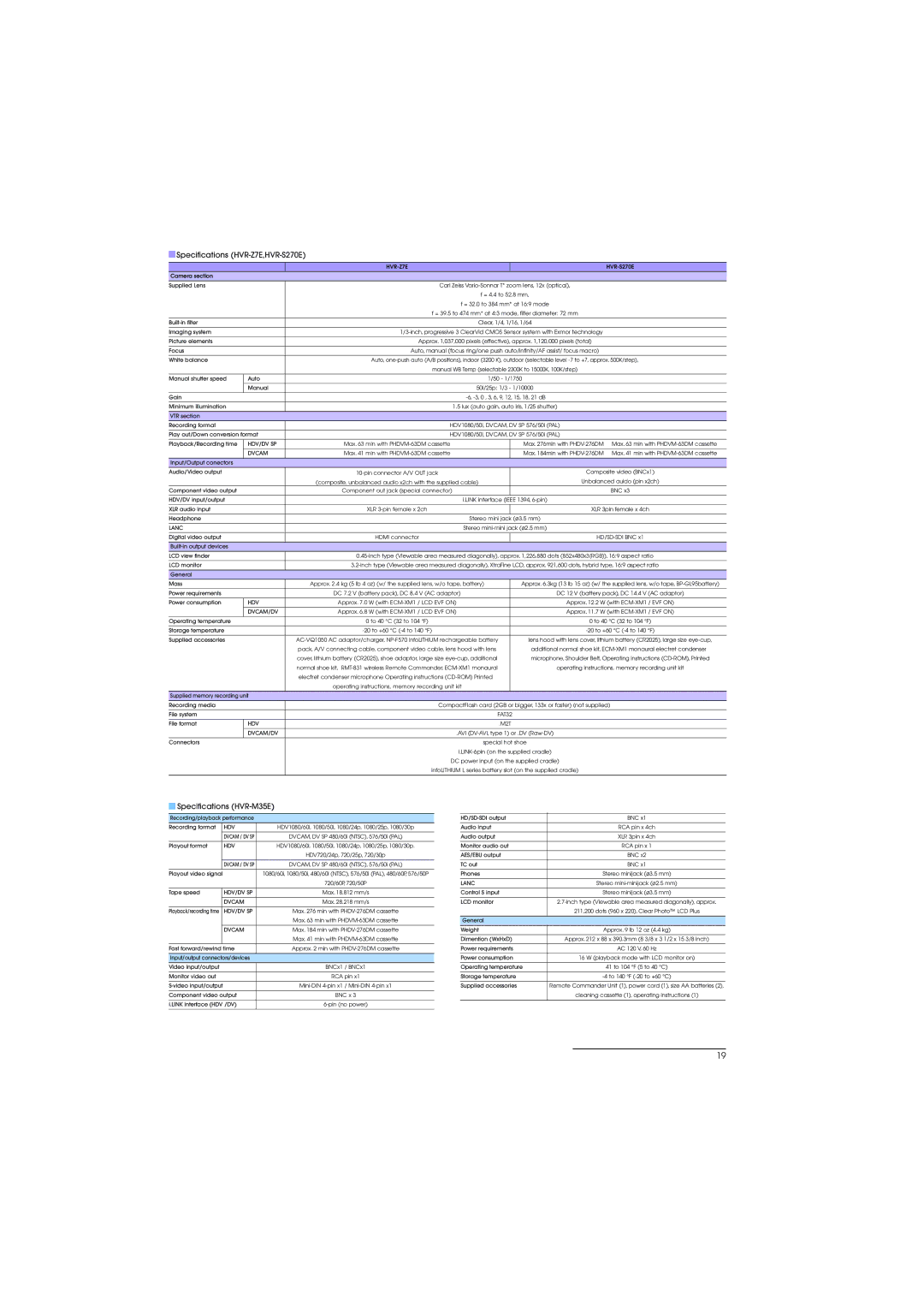 Sony HVR-M35E manual Specifications HVR-Z7E,HVR-S270E 