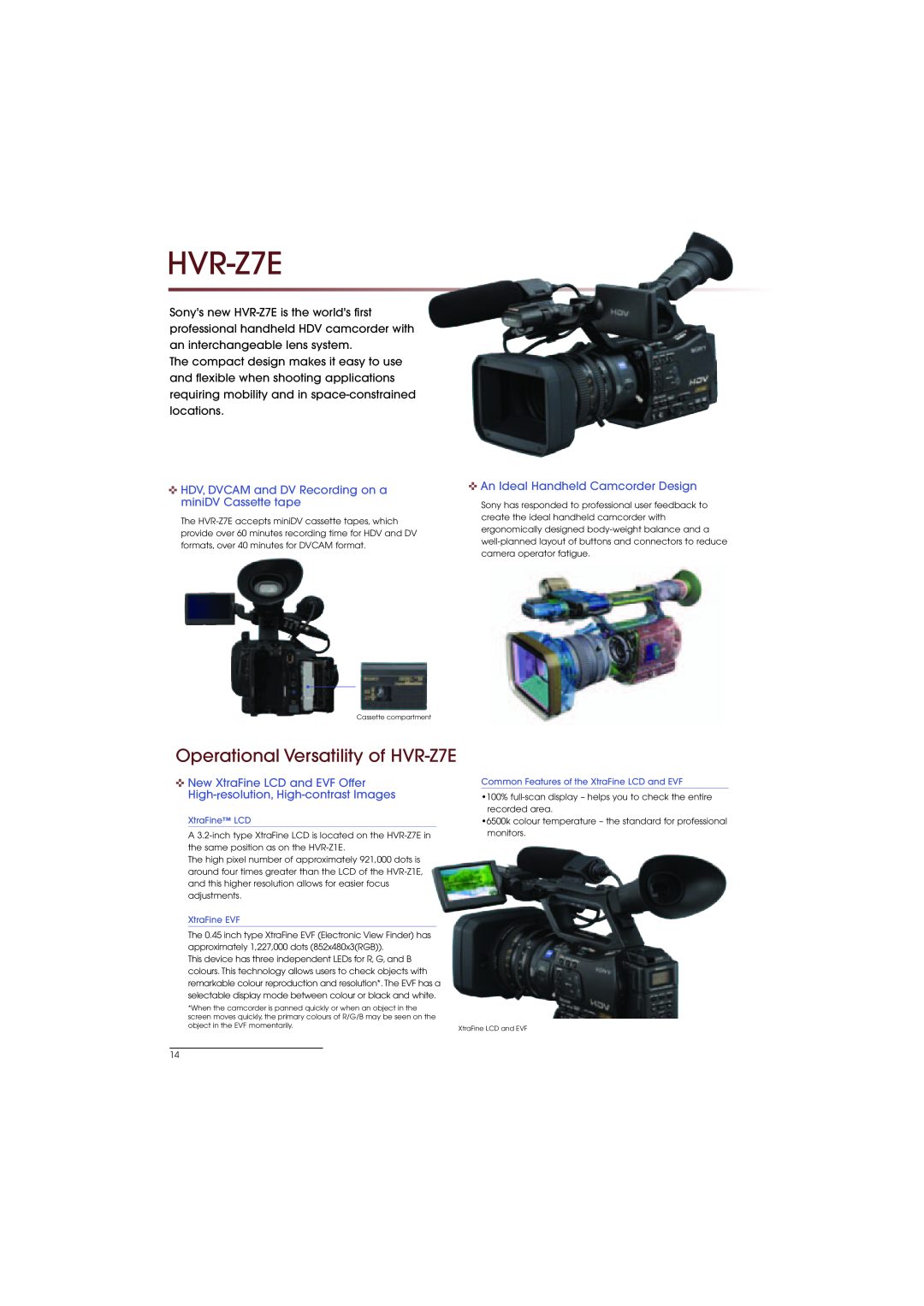 Sony HVR-M35E, HVR-S270E Operational Versatility of HVR-Z7E, HDV, DVCAM and DV Recording on a miniDV Cassette tape 