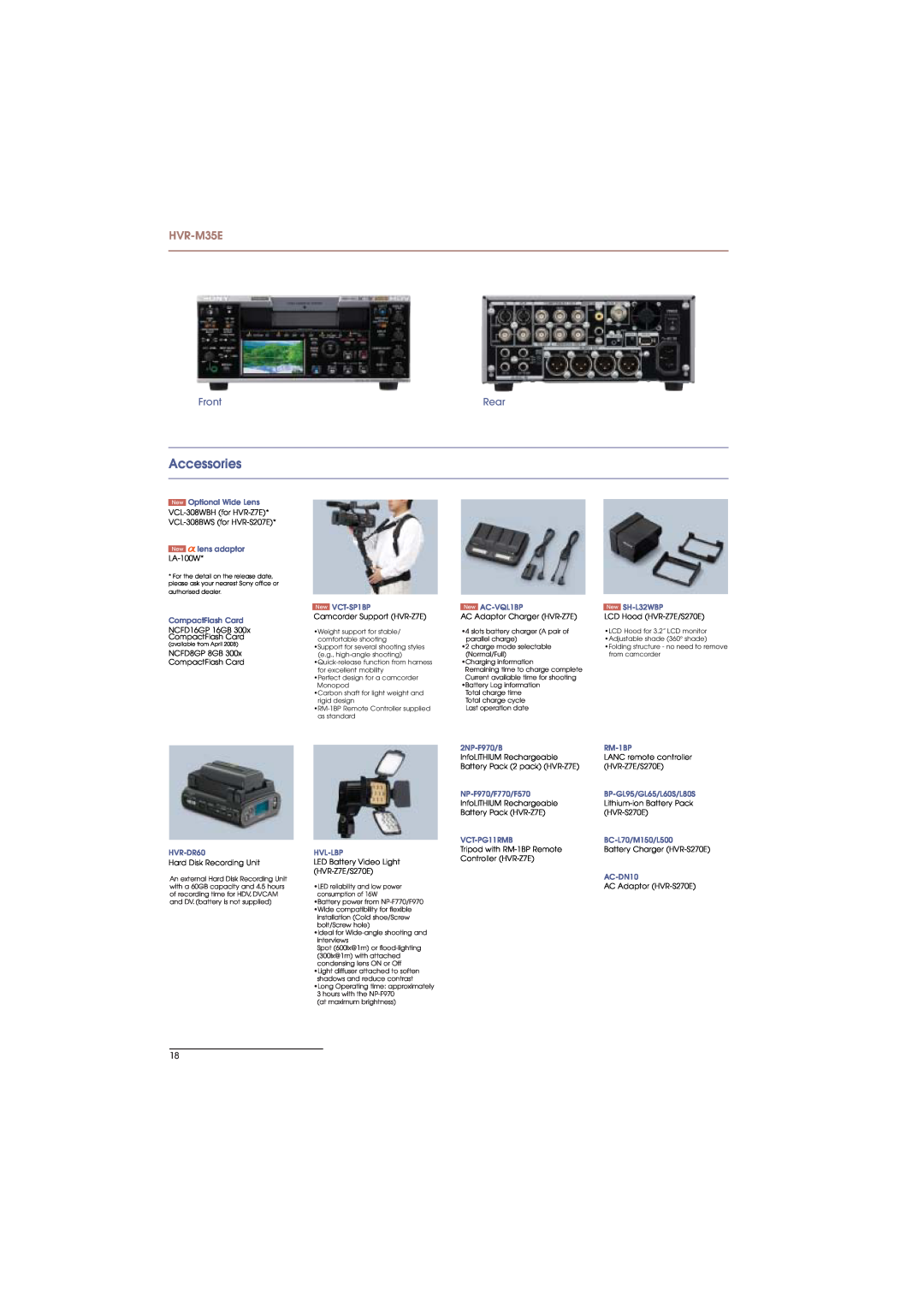 Sony HVR-Z7E, HVR-S270E manual Accessories, HVR-M35E, Front, Rear 