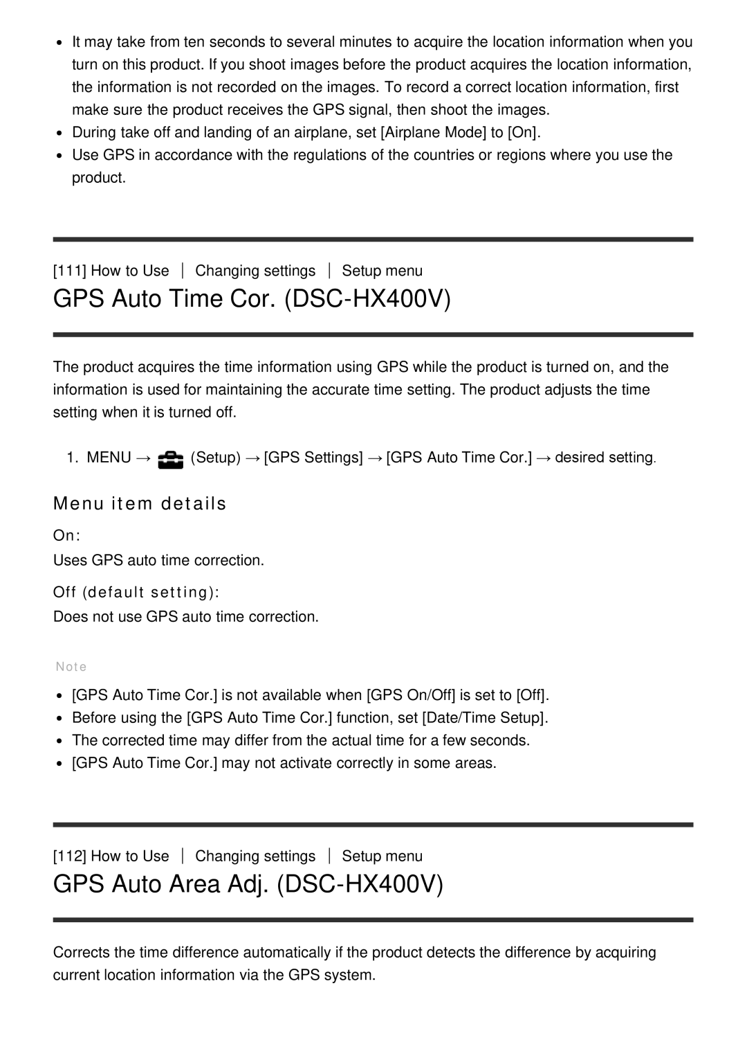 Sony manual GPS Auto Time Cor. DSC-HX400V, GPS Auto Area Adj. DSC-HX400V 