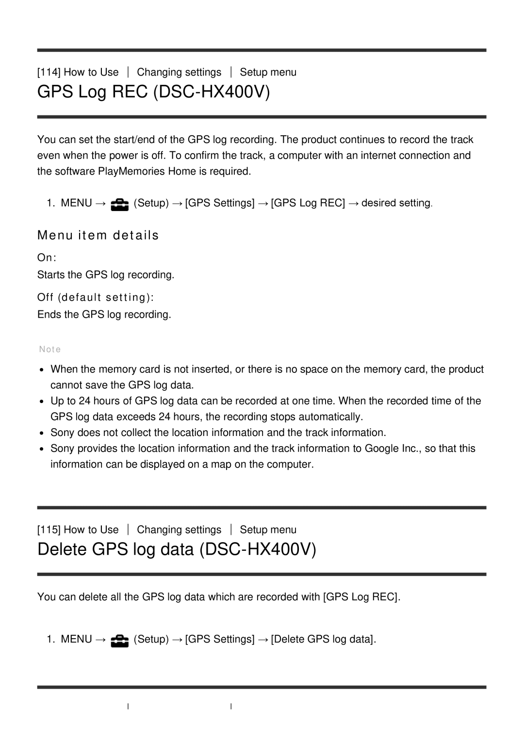 Sony manual GPS Log REC DSC-HX400V, Delete GPS log data DSC-HX400V 