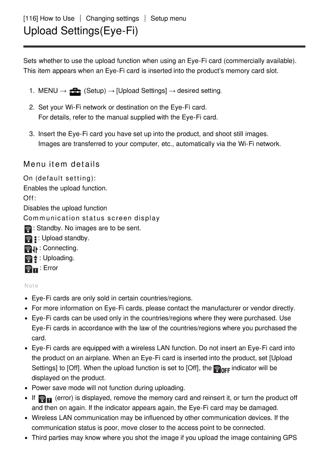 Sony HX400V, DSC-HX400 manual Upload SettingsEye-Fi, Communication status screen display 