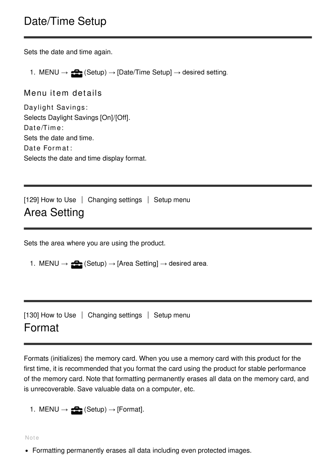 Sony DSC-HX400, HX400V manual Date/Time Setup, Area Setting, Format 