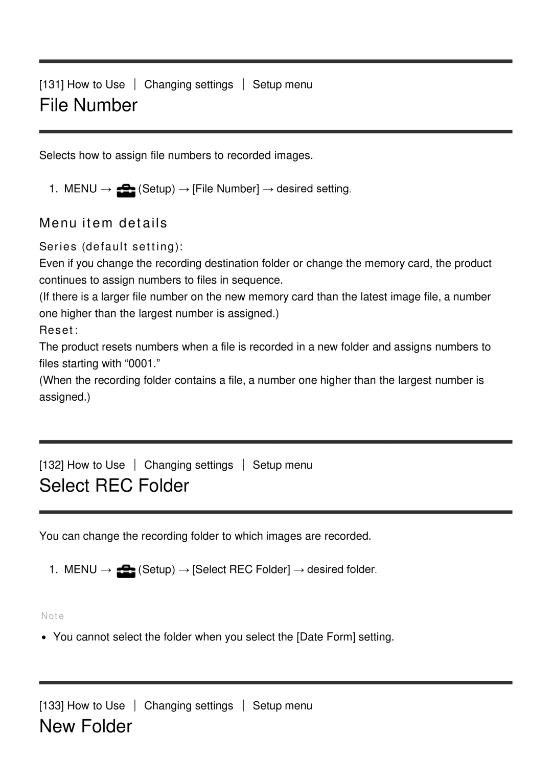 Sony HX400V, DSC-HX400 manual File Number, Select REC Folder, New Folder, Series default setting, Reset 