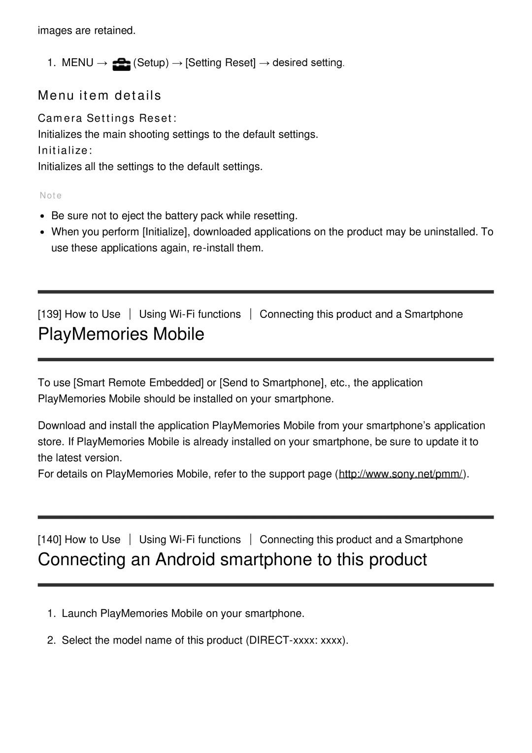 Sony DSC-HX400 PlayMemories Mobile, Connecting an Android smartphone to this product, Camera Settings Reset, Initialize 