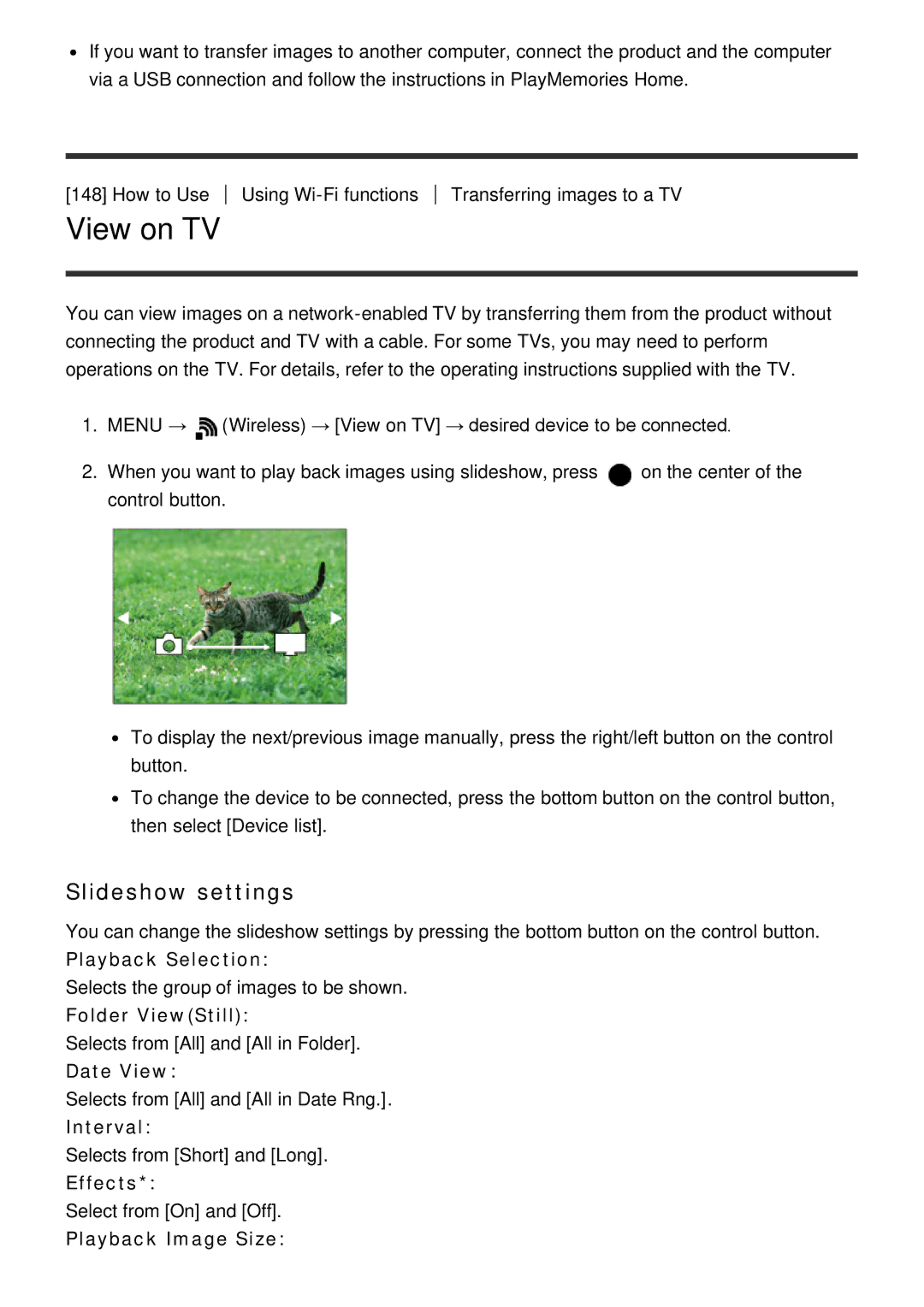 Sony HX400V, DSC-HX400 manual View on TV, Slideshow settings, Playback Selection, Effects, Playback Image Size 