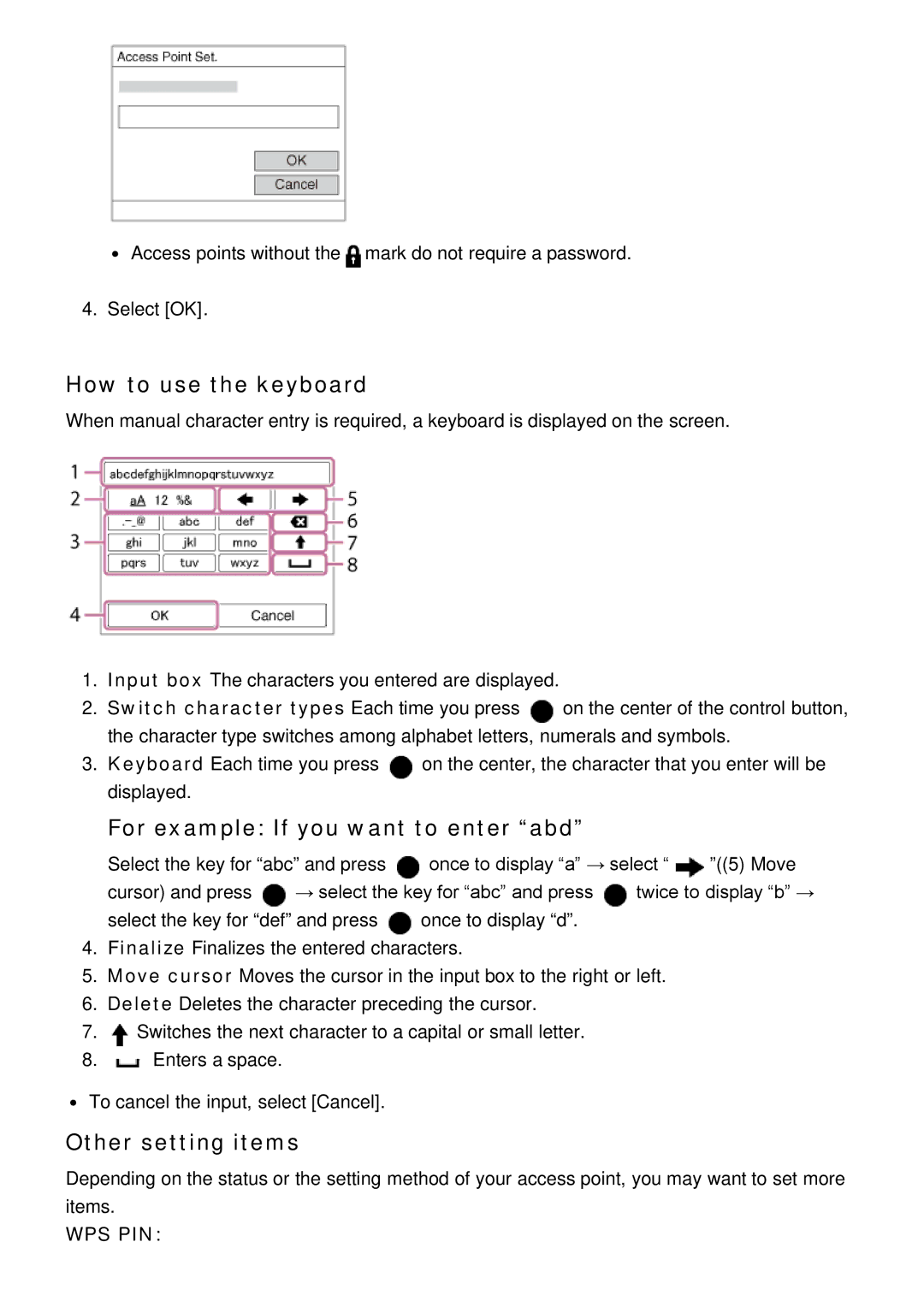 Sony DSC-HX400, HX400V manual How to use the keyboard, For example If you want to enter abd, Other setting items 